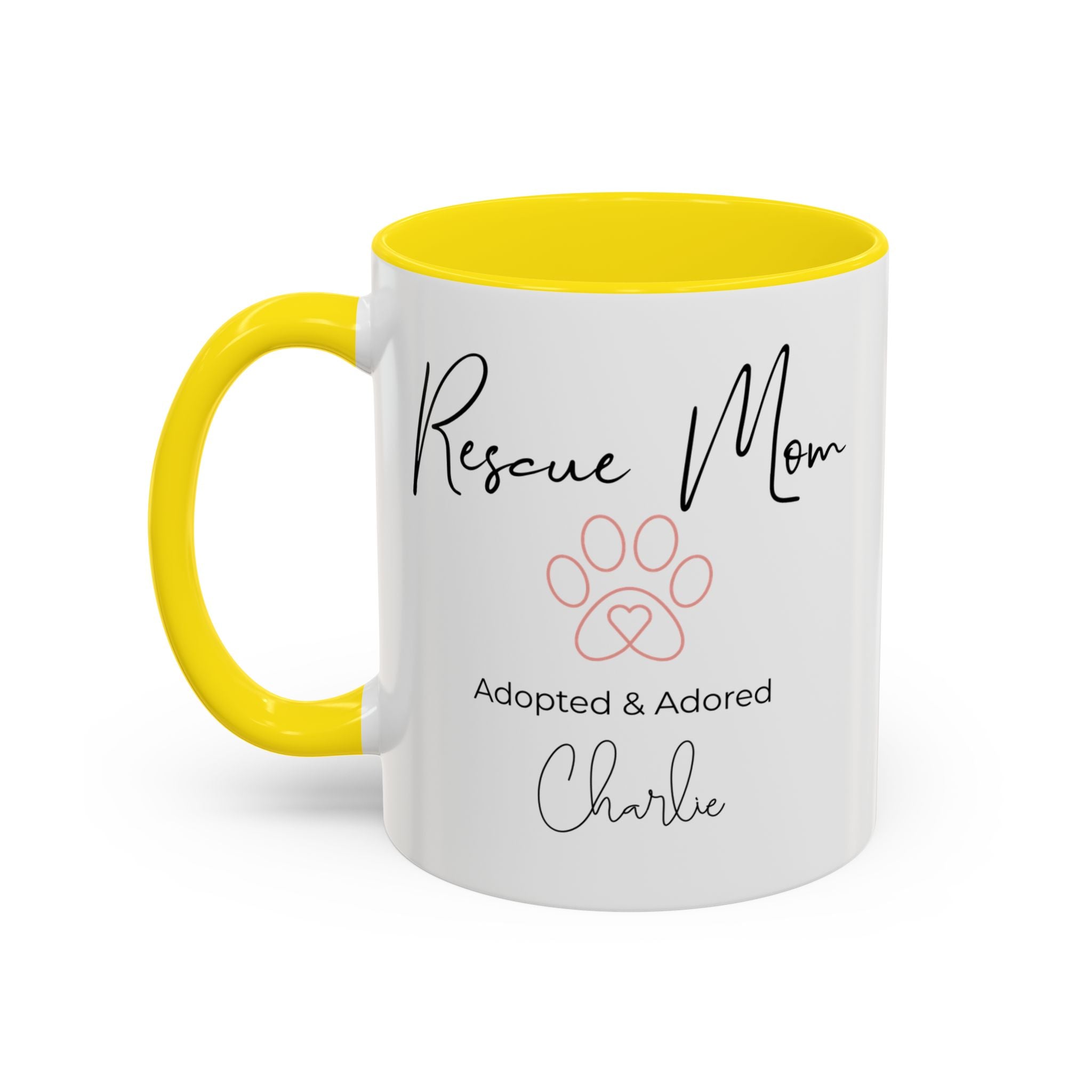 Rescue Mom Mug with Pet Name – Personalized Dog Lover Gift, Adopted & Adored, 15oz Accent Coffee Mug, Dishwasher Safe, USA Made