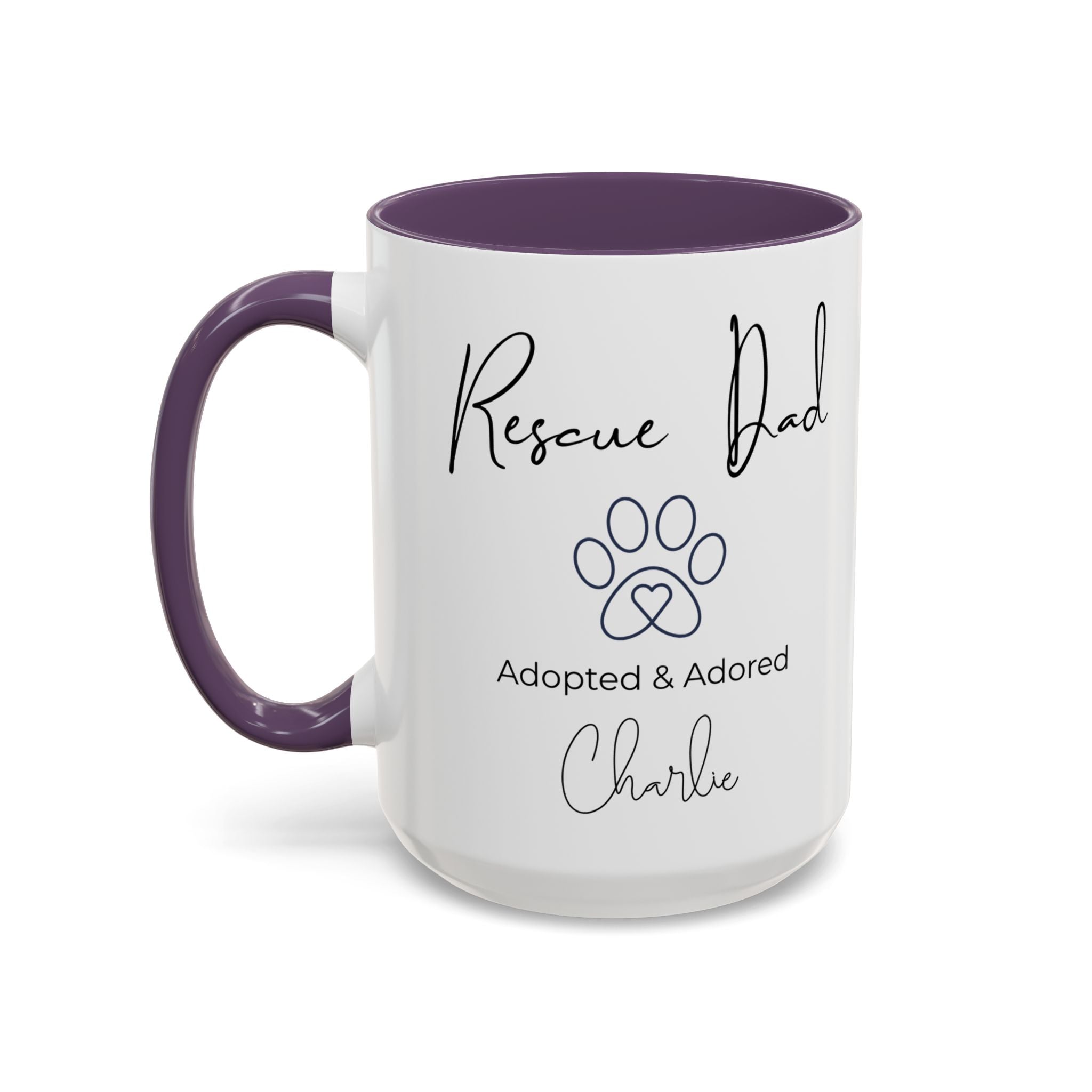 Rescue Dad Mug with Pet Name – Personalized Dog Lover Gift, Adopted & Adored, 15oz Accent Coffee Mug, Dishwasher Safe, USA Made