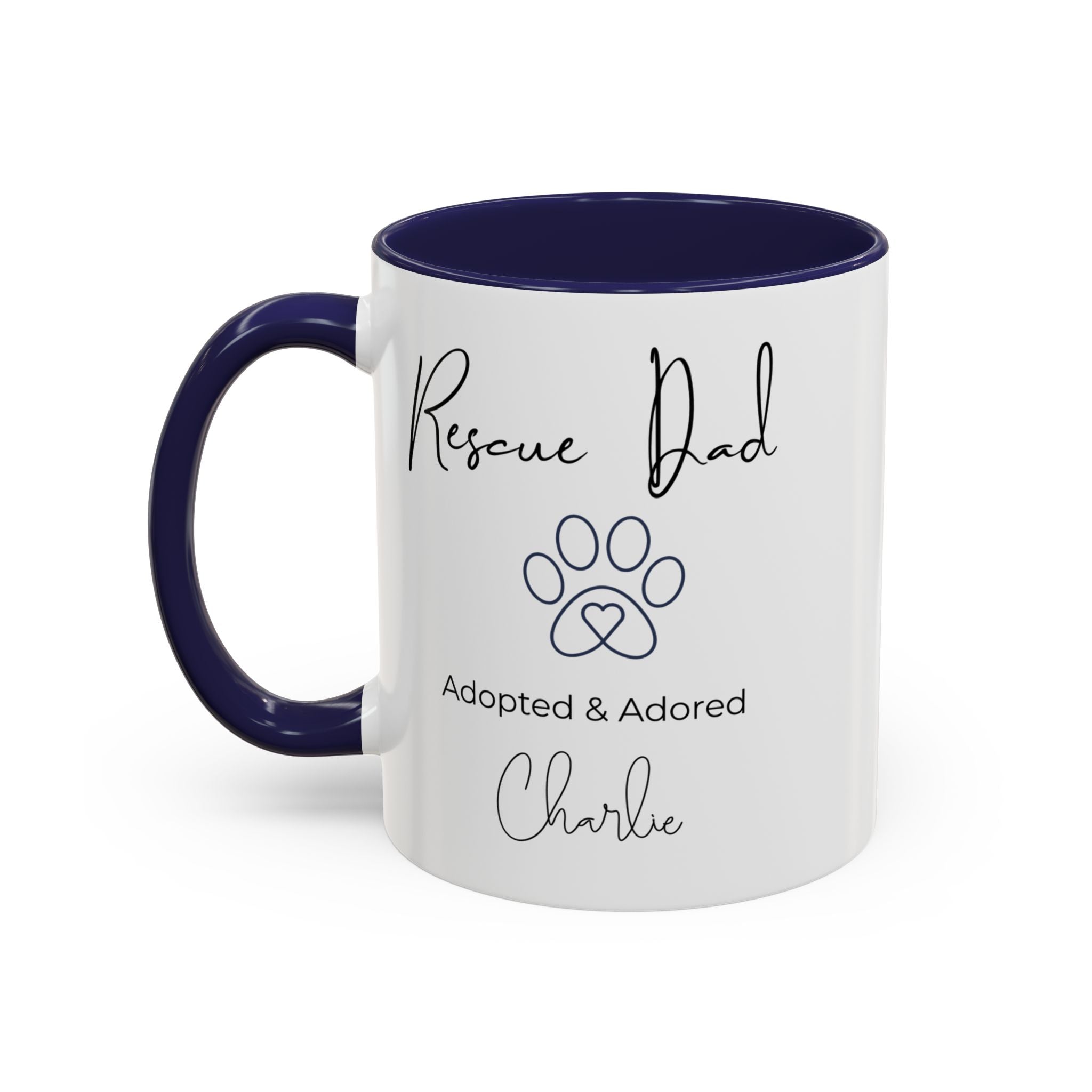 Rescue Dad Mug with Pet Name – Personalized Dog Lover Gift, Adopted & Adored, 15oz Accent Coffee Mug, Dishwasher Safe, USA Made