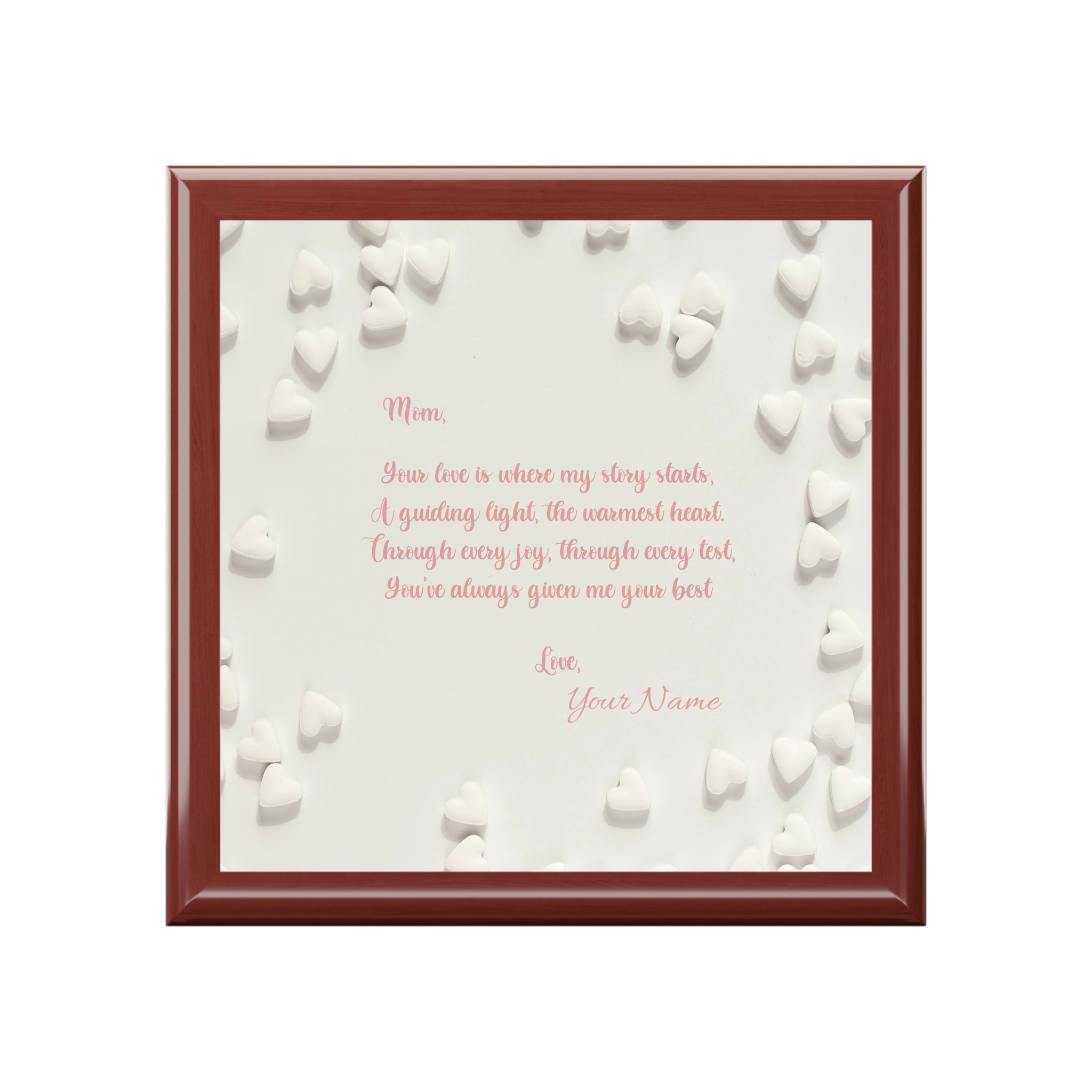 💖 Personalized Mom Jewelry Box – Heartfelt Poem Gift | Elegant Rubberwood Keepsake with Custom Signature