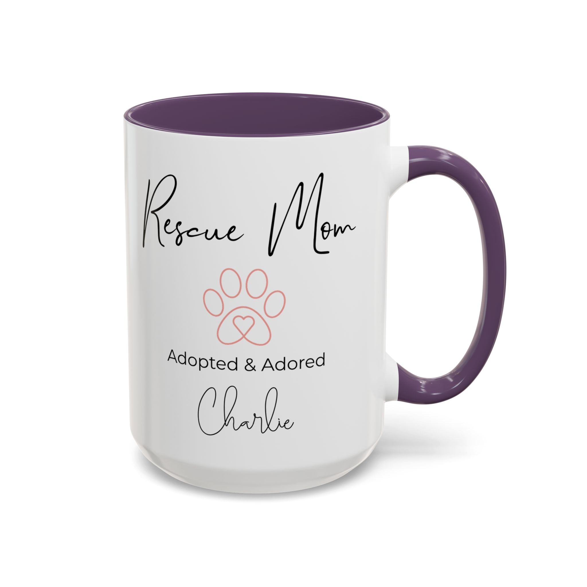 Rescue Mom Mug with Pet Name – Personalized Dog Lover Gift, Adopted & Adored, 15oz Accent Coffee Mug, Dishwasher Safe, USA Made