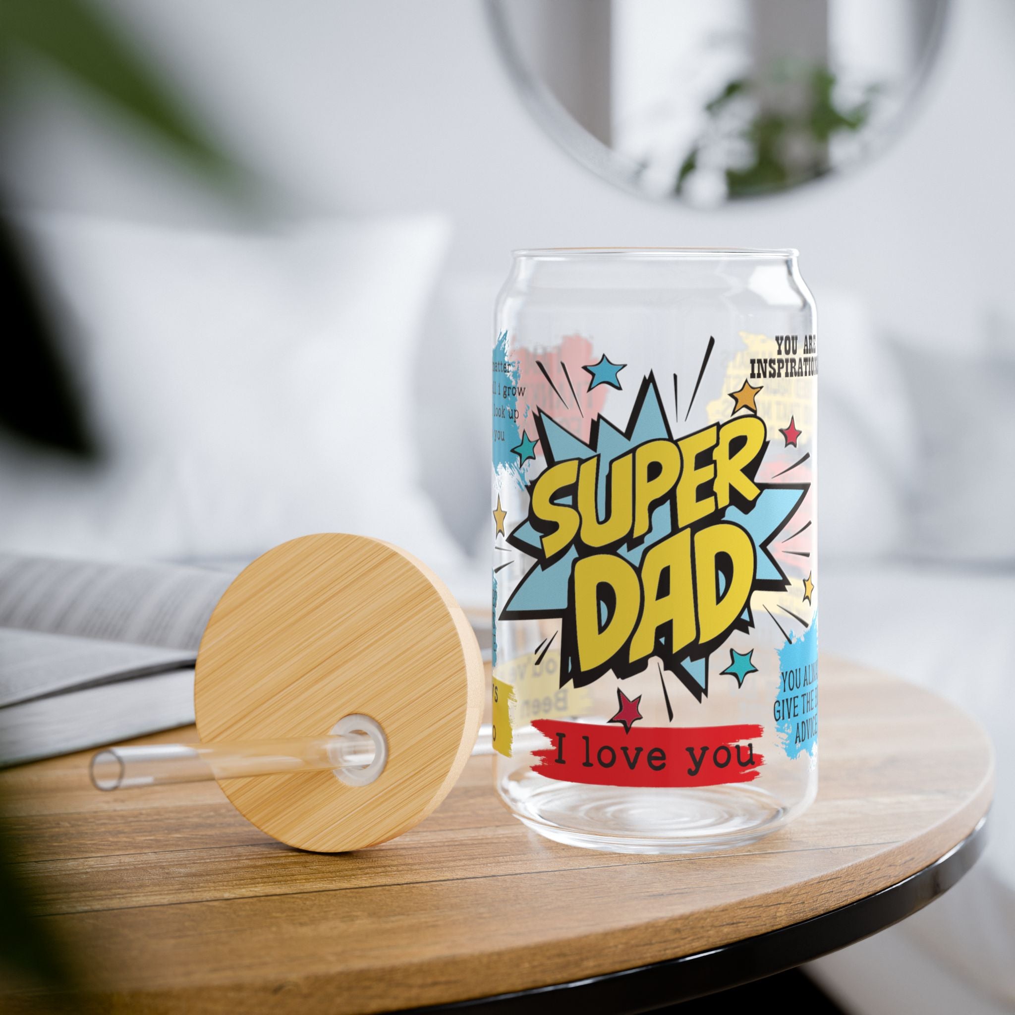 💙 Super Dad Glass Tumbler – 16oz Eco-Friendly Reusable Cup with Bamboo Lid