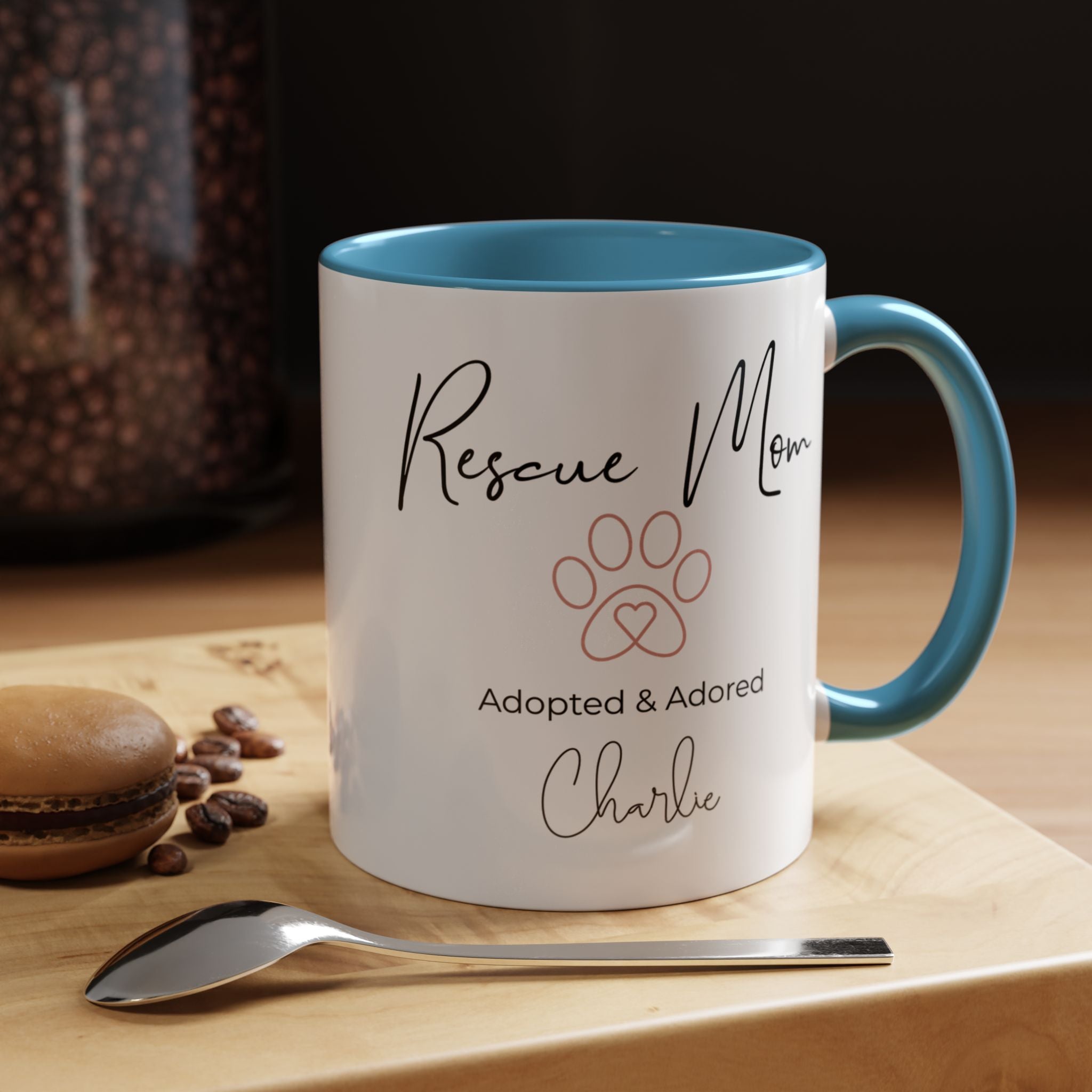 Rescue Mom Mug with Pet Name – Personalized Dog Lover Gift, Adopted & Adored, 15oz Accent Coffee Mug, Dishwasher Safe, USA Made