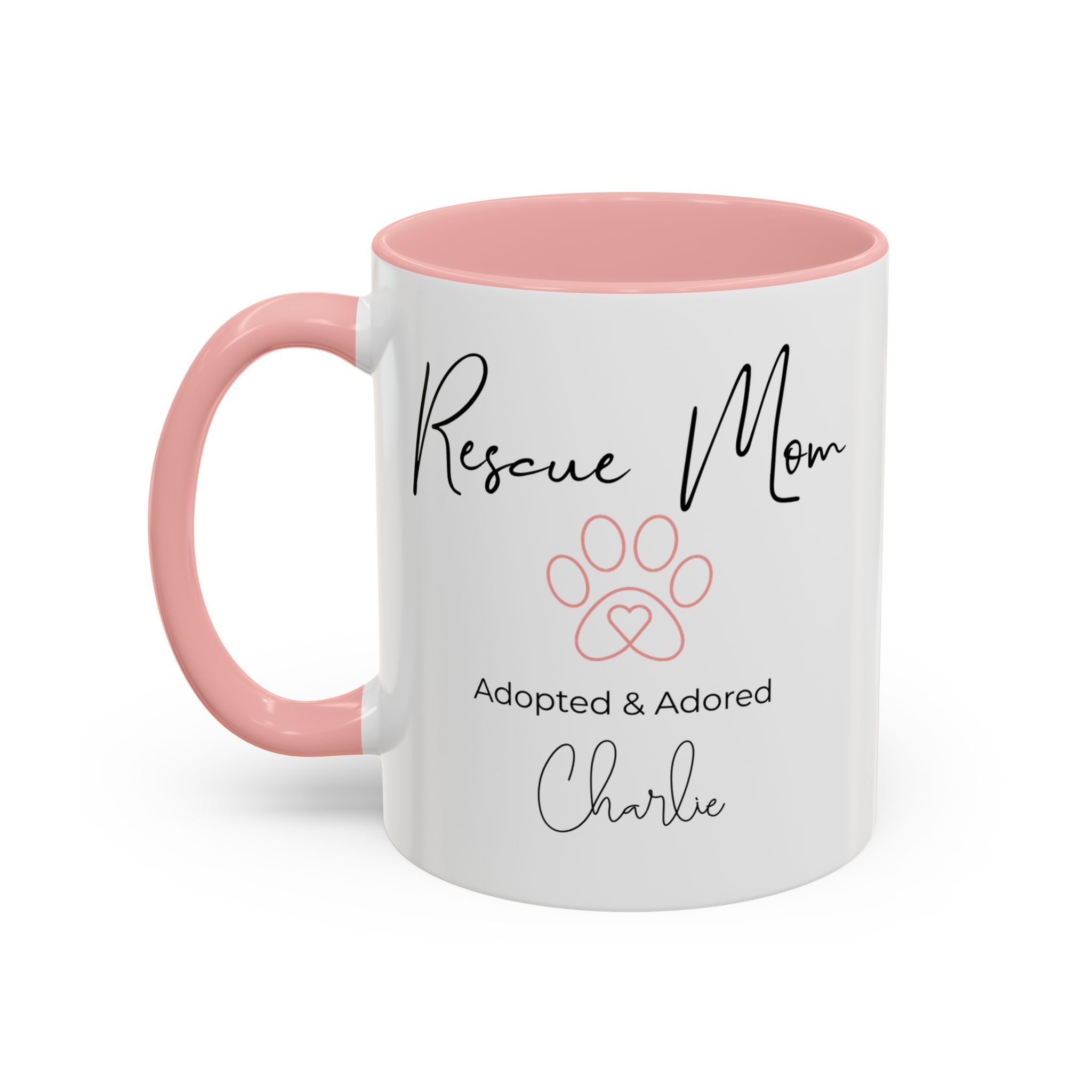 Rescue Mom Mug with Pet Name – Personalized Dog Lover Gift, Adopted & Adored, 15oz Accent Coffee Mug, Dishwasher Safe, USA Made