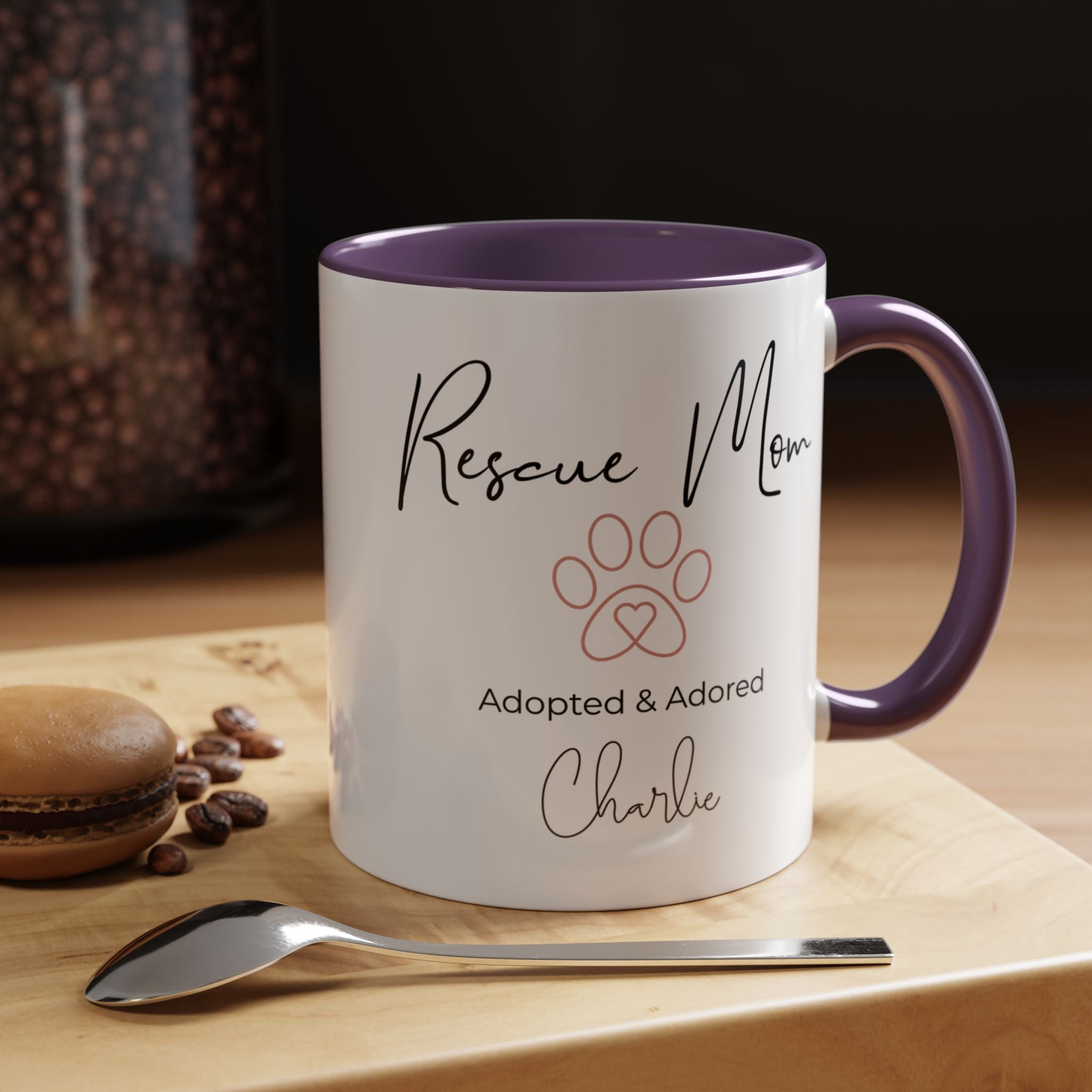 Rescue Mom Mug with Pet Name – Personalized Dog Lover Gift, Adopted & Adored, 15oz Accent Coffee Mug, Dishwasher Safe, USA Made
