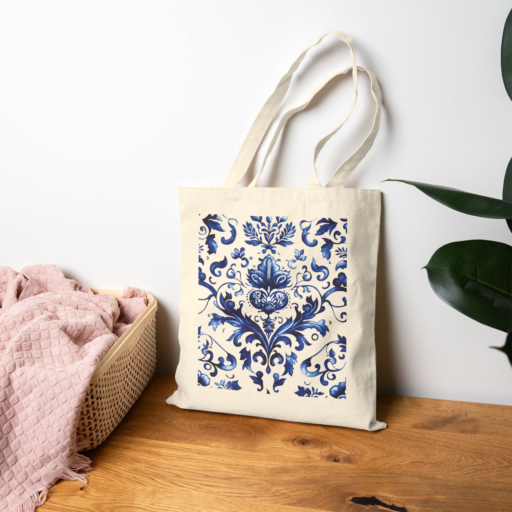 💼 This Lady Knows the Hustle – Blue Chinoiserie Floral Cotton Canvas Tote | Elegant Double-Sided Bag for On-the-Go Women