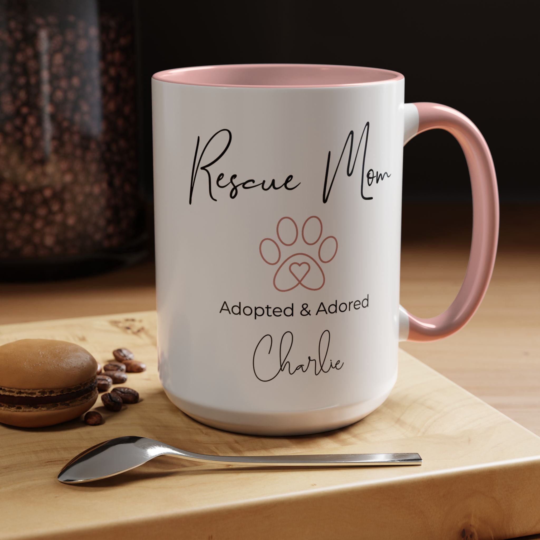 Rescue Mom Mug with Pet Name – Personalized Dog Lover Gift, Adopted & Adored, 15oz Accent Coffee Mug, Dishwasher Safe, USA Made