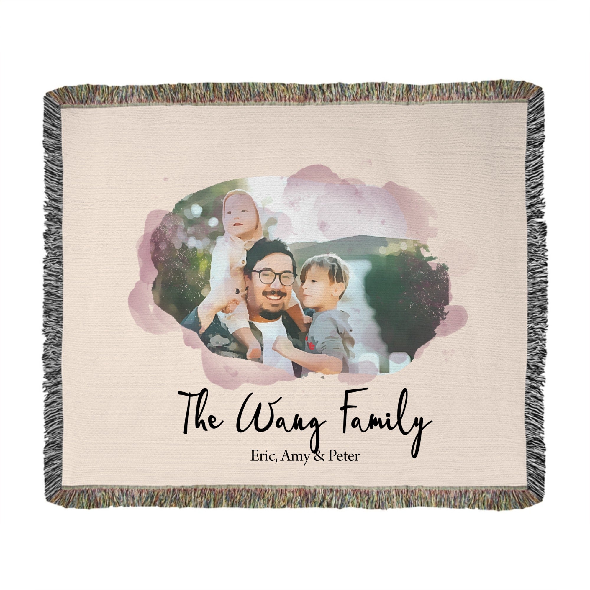 🖼️ Watercolor Splash Custom Woven Photo Blanket – Personalized Cotton Throw with Family Name & Text