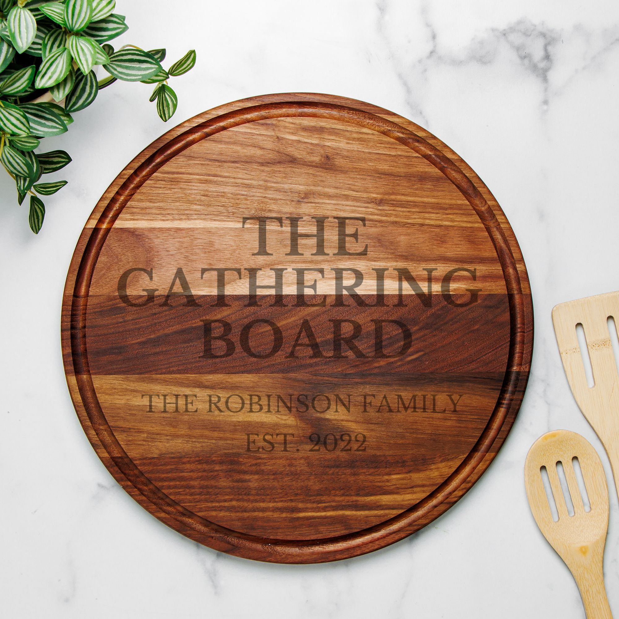 The Gathering Board – Personalized Round Charcuterie Board | Maple or Walnut Family Gift