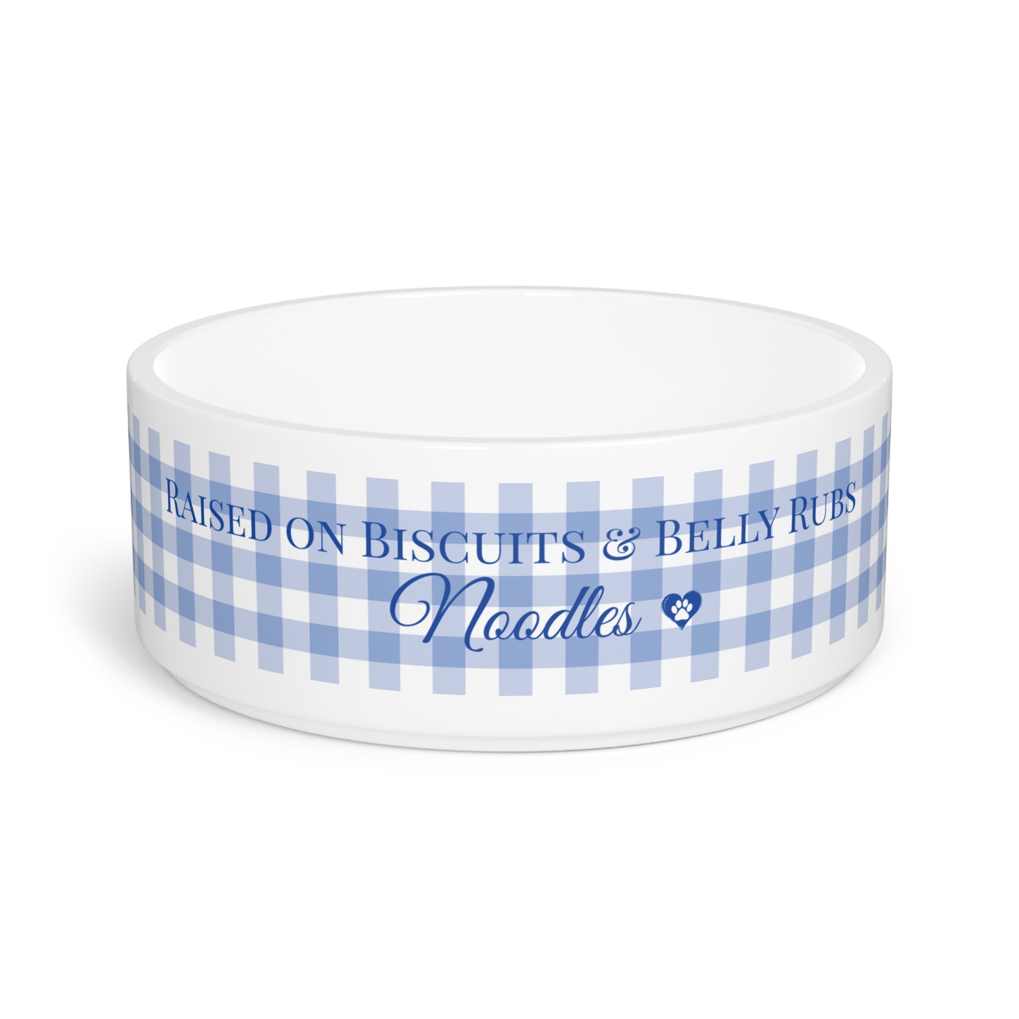 Personalized Dog Food Bowl – “Raised on Biscuits & Belly Rubs” | Custom Ceramic Pet Dish with Blue Gingham Design