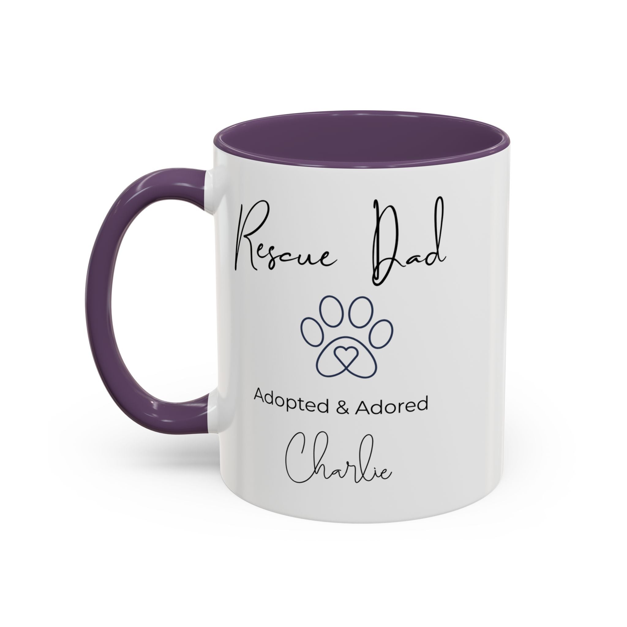 Rescue Dad Mug with Pet Name – Personalized Dog Lover Gift, Adopted & Adored, 15oz Accent Coffee Mug, Dishwasher Safe, USA Made