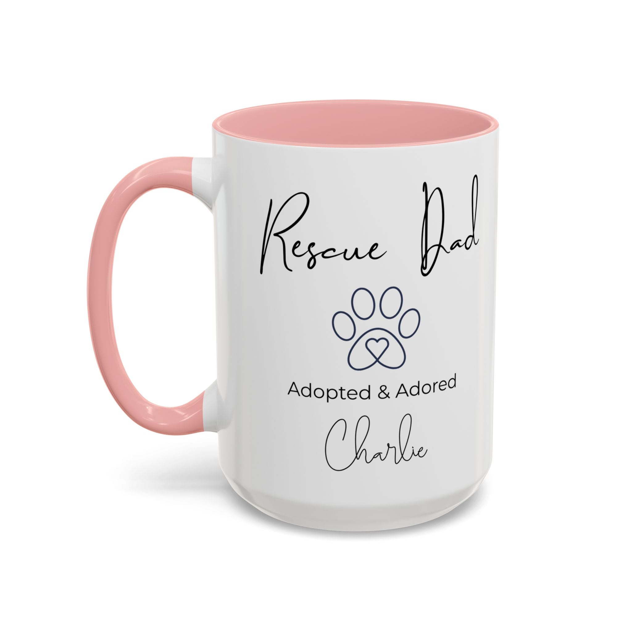 Rescue Dad Mug with Pet Name – Personalized Dog Lover Gift, Adopted & Adored, 15oz Accent Coffee Mug, Dishwasher Safe, USA Made