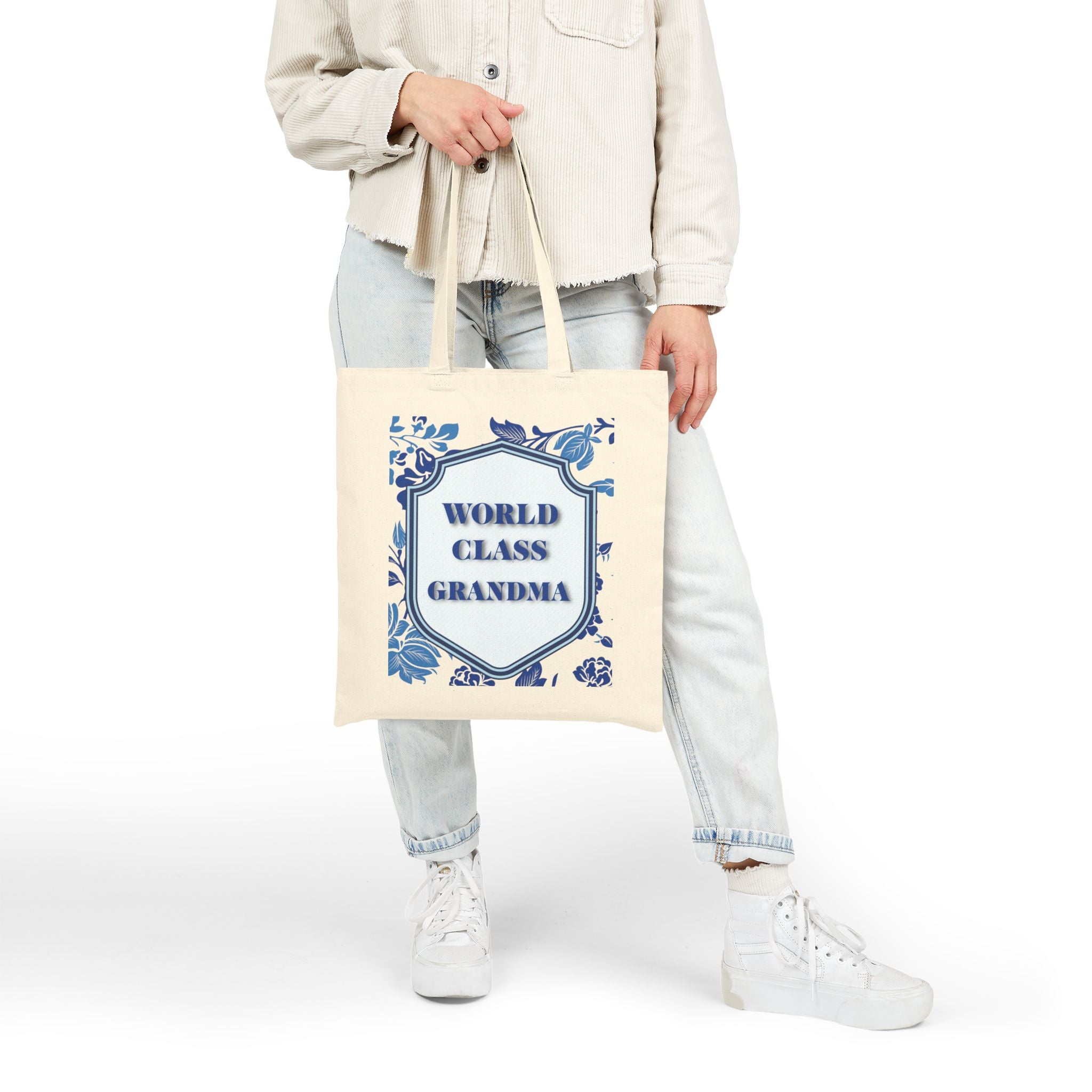 🌸 World Class Grandma Blue Floral Chinoiserie Canvas Tote | Elegant Gift for Grandma