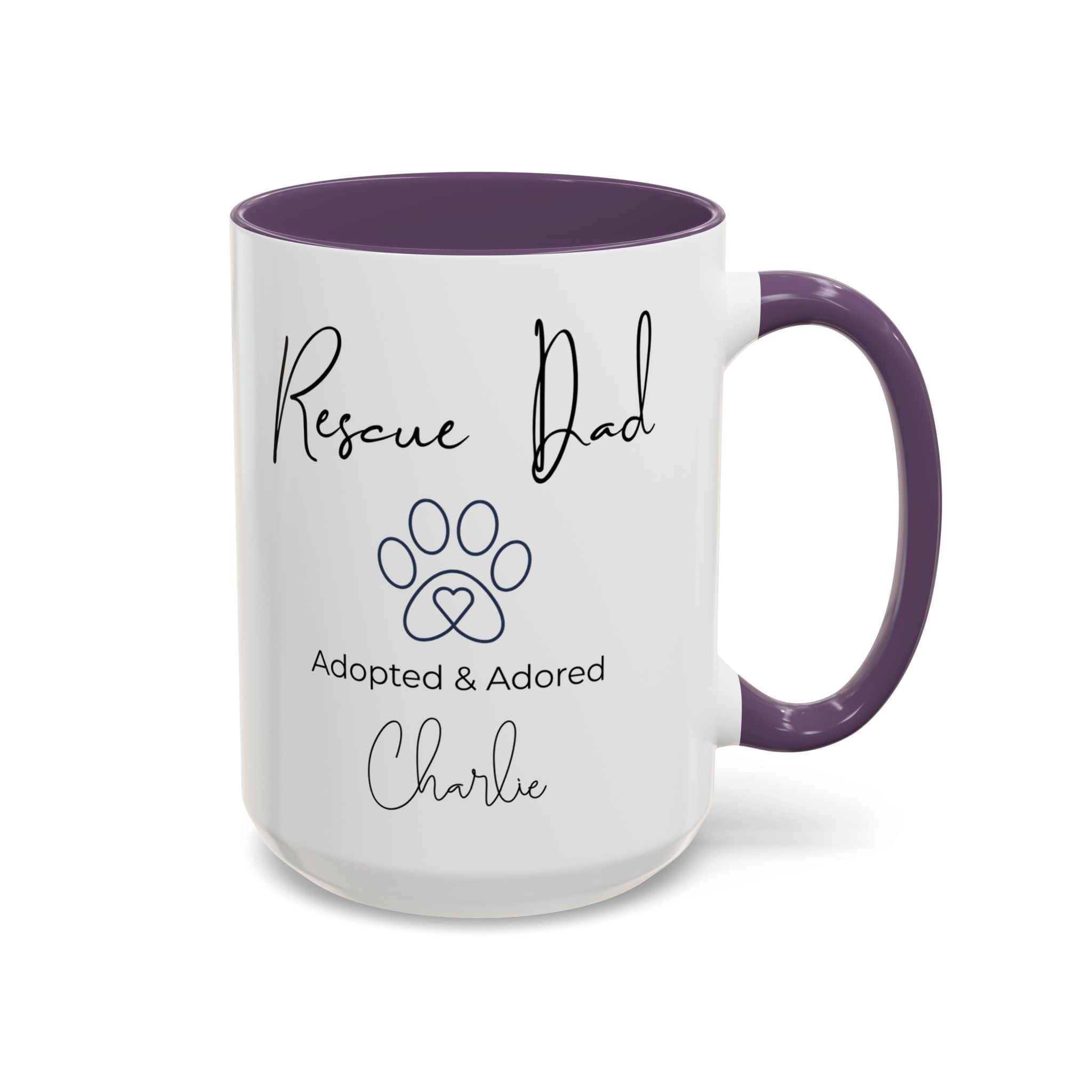 Rescue Dad Mug with Pet Name – Personalized Dog Lover Gift, Adopted & Adored, 15oz Accent Coffee Mug, Dishwasher Safe, USA Made