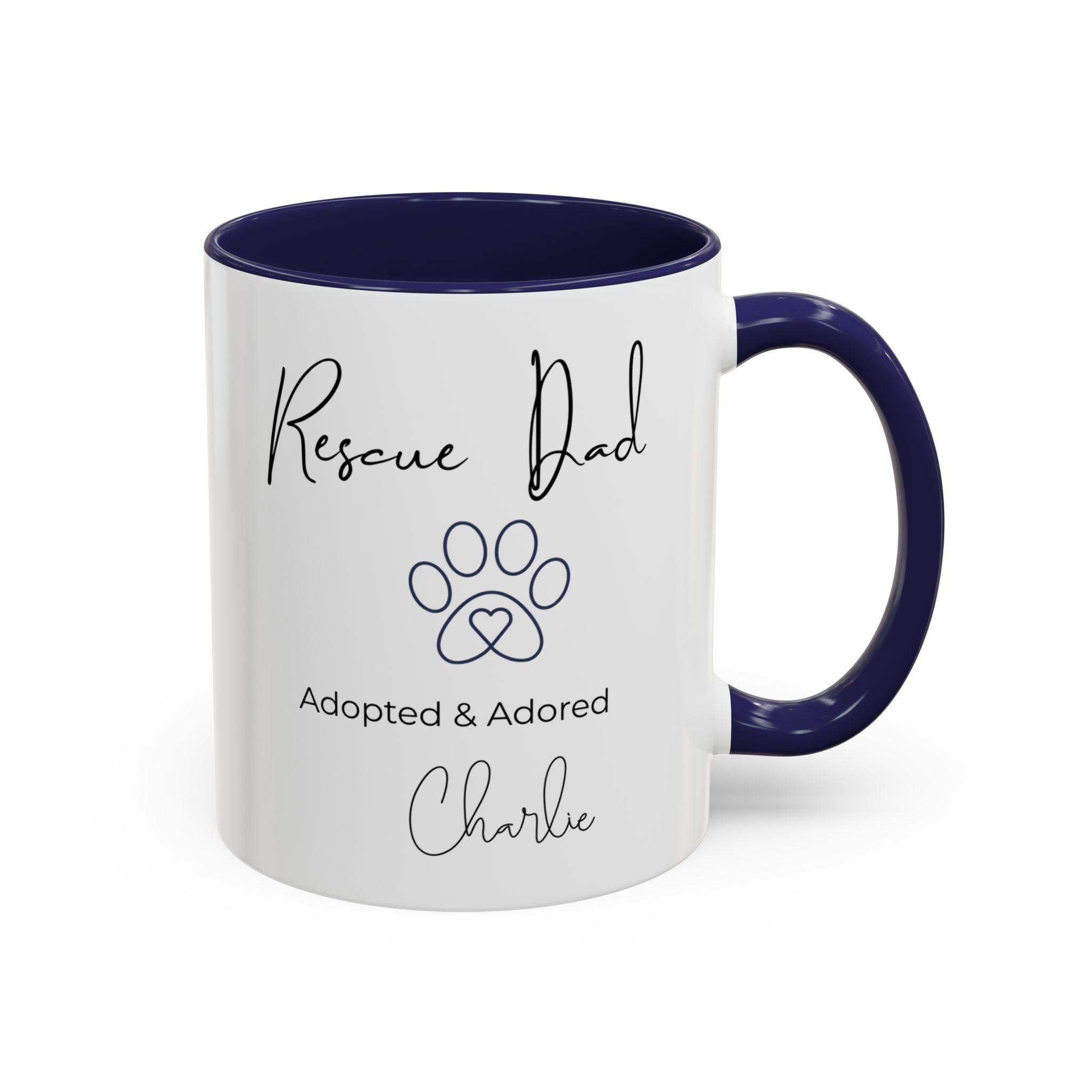 Rescue Dad Mug with Pet Name – Personalized Dog Lover Gift, Adopted & Adored, 15oz Accent Coffee Mug, Dishwasher Safe, USA Made