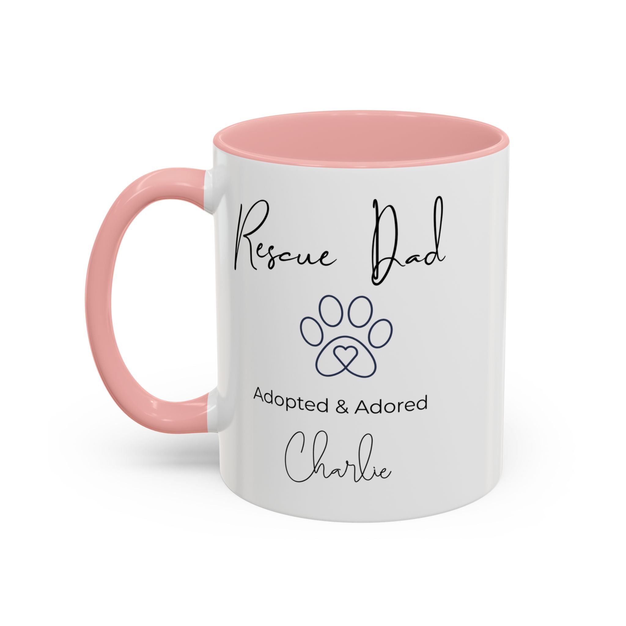 Rescue Dad Mug with Pet Name – Personalized Dog Lover Gift, Adopted & Adored, 15oz Accent Coffee Mug, Dishwasher Safe, USA Made