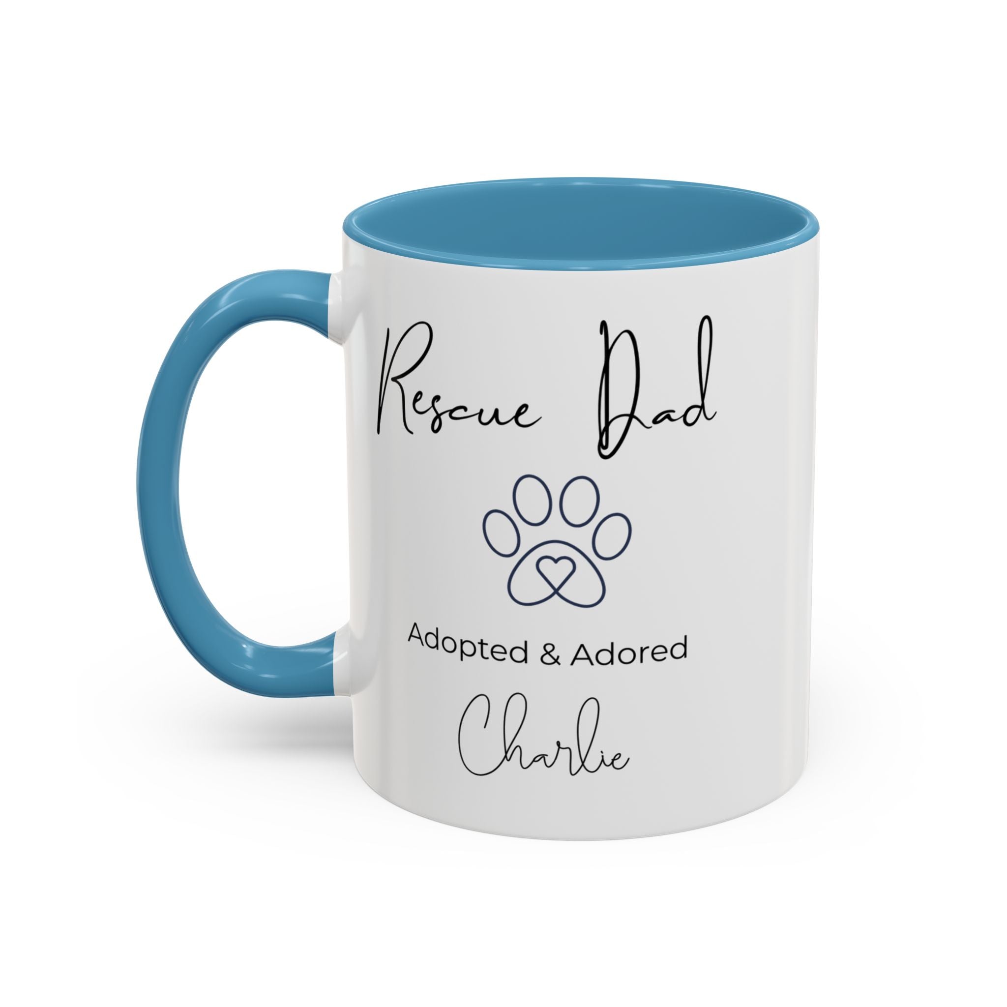Rescue Dad Mug with Pet Name – Personalized Dog Lover Gift, Adopted & Adored, 15oz Accent Coffee Mug, Dishwasher Safe, USA Made