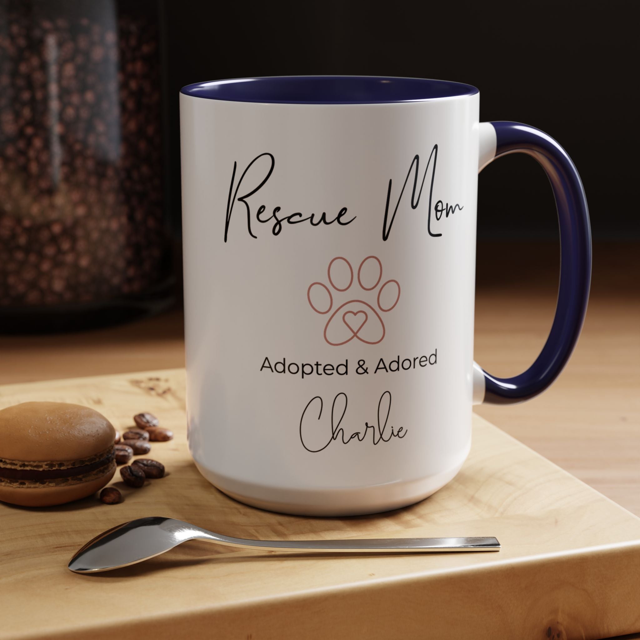Rescue Mom Mug with Pet Name – Personalized Dog Lover Gift, Adopted & Adored, 15oz Accent Coffee Mug, Dishwasher Safe, USA Made