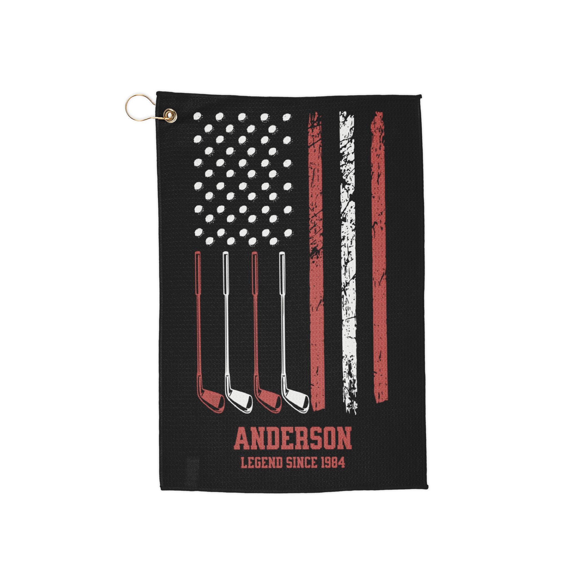 Personalized Golf Towel – American Flag Golf Club Design – Custom Name & Year Gift for Dad, Grandpa, or Coach