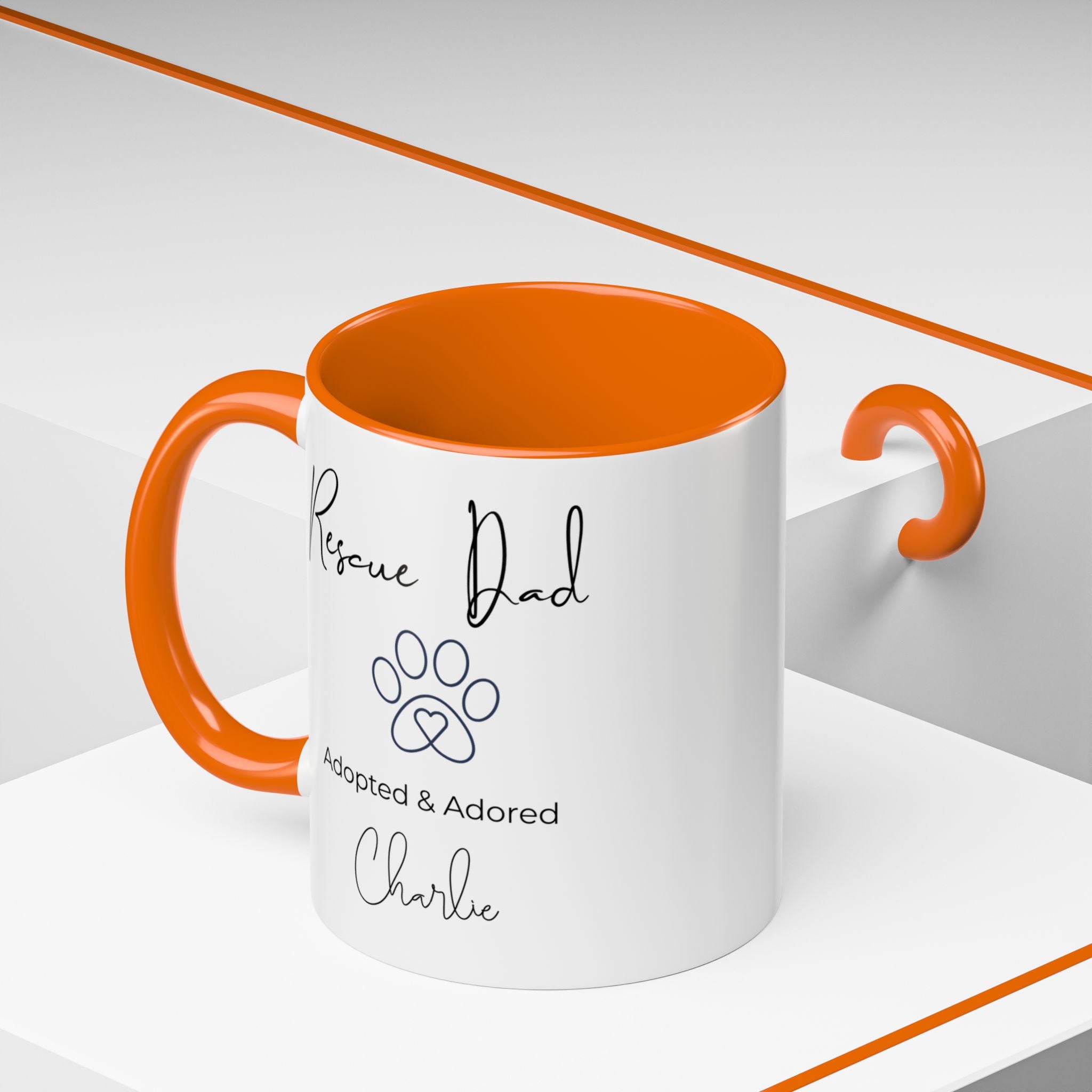 Rescue Dad Mug with Pet Name – Personalized Dog Lover Gift, Adopted & Adored, 15oz Accent Coffee Mug, Dishwasher Safe, USA Made