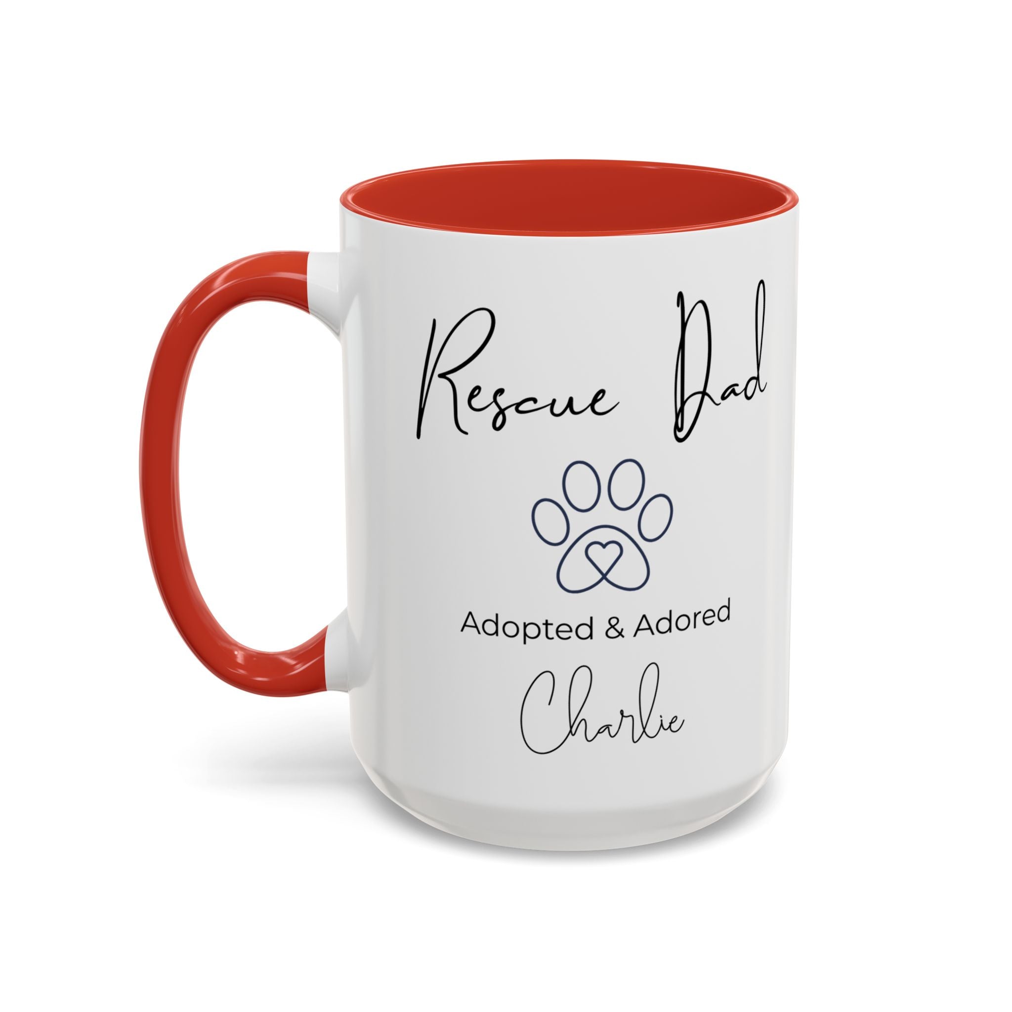 Rescue Dad Mug with Pet Name – Personalized Dog Lover Gift, Adopted & Adored, 15oz Accent Coffee Mug, Dishwasher Safe, USA Made