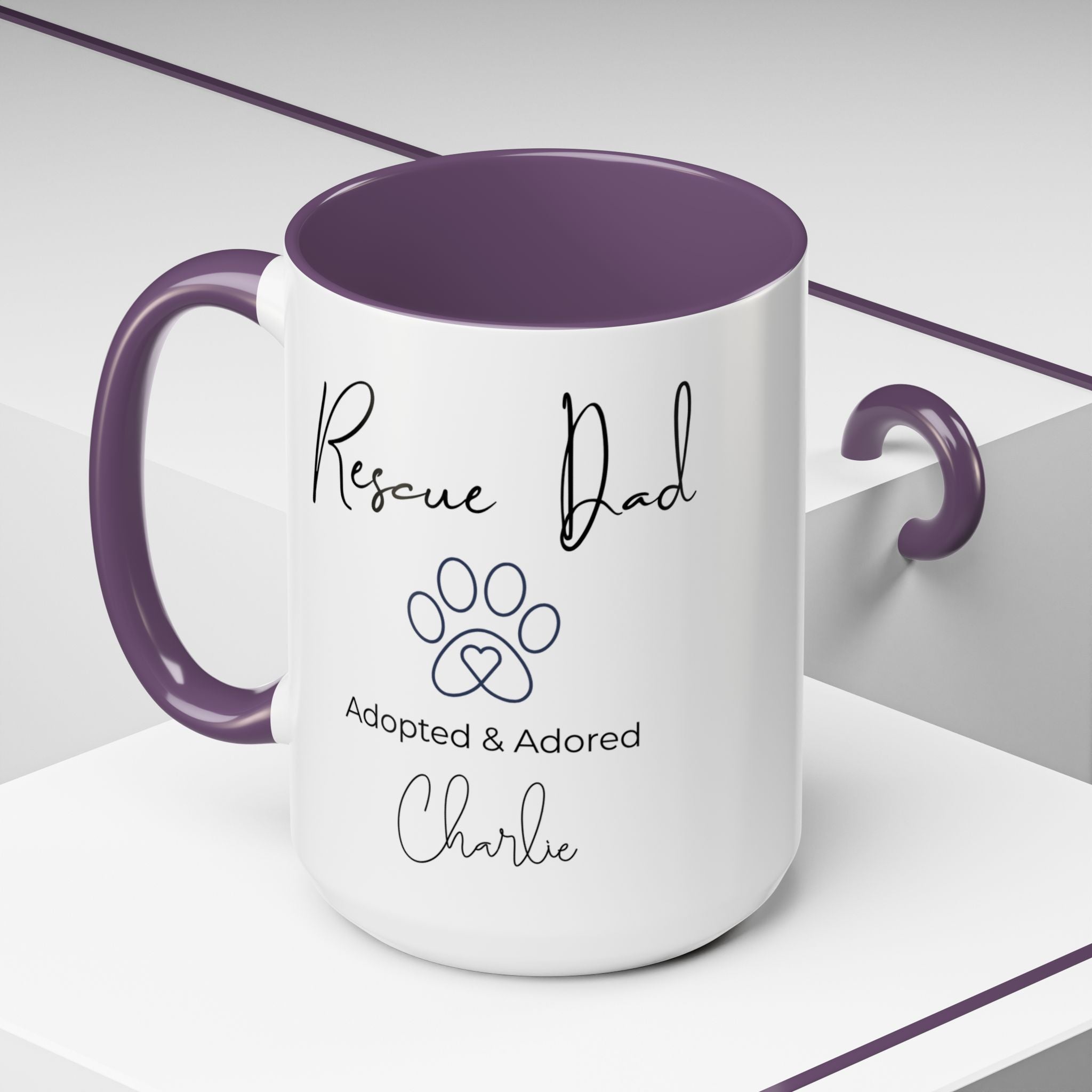 Rescue Dad Mug with Pet Name – Personalized Dog Lover Gift, Adopted & Adored, 15oz Accent Coffee Mug, Dishwasher Safe, USA Made