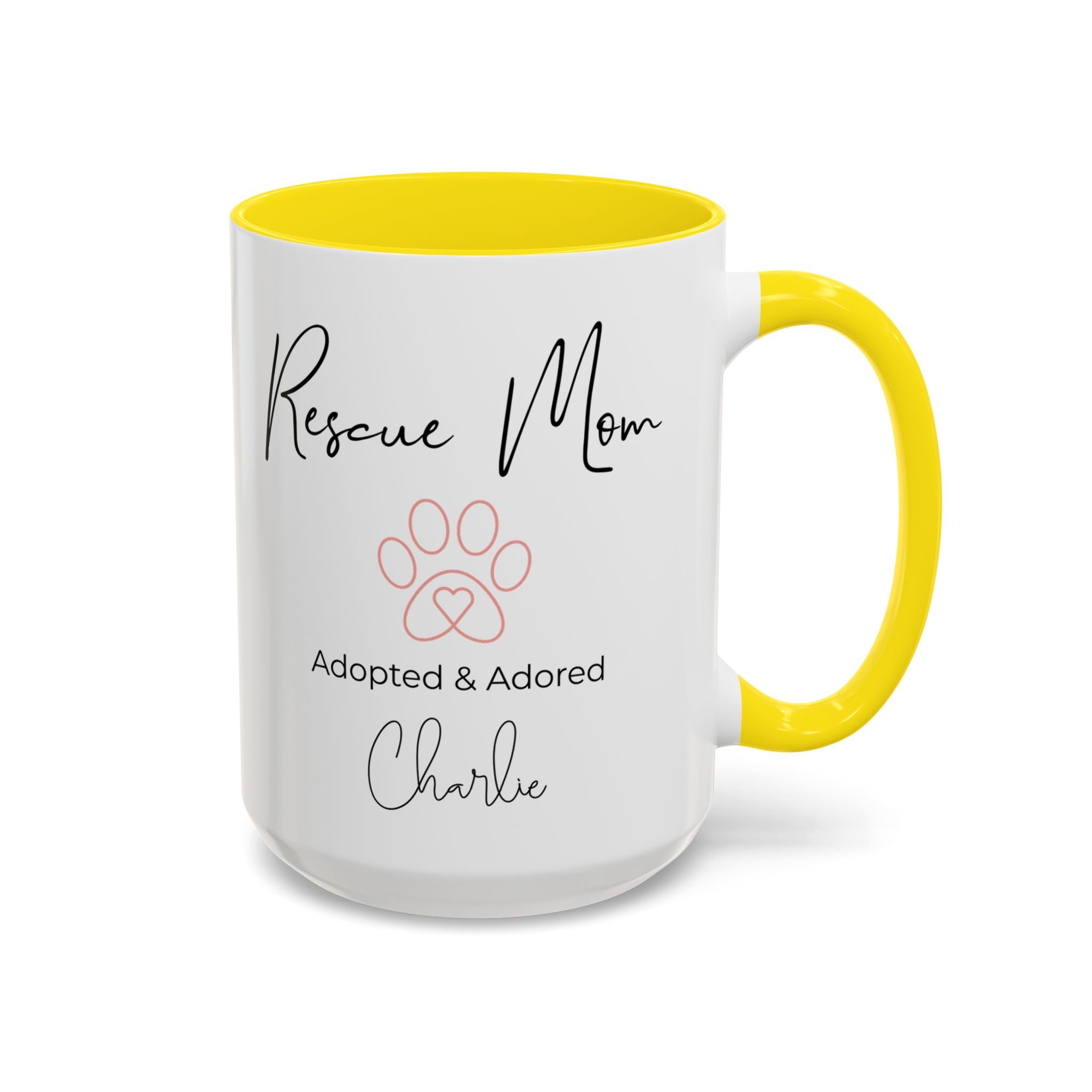 Rescue Mom Mug with Pet Name – Personalized Dog Lover Gift, Adopted & Adored, 15oz Accent Coffee Mug, Dishwasher Safe, USA Made