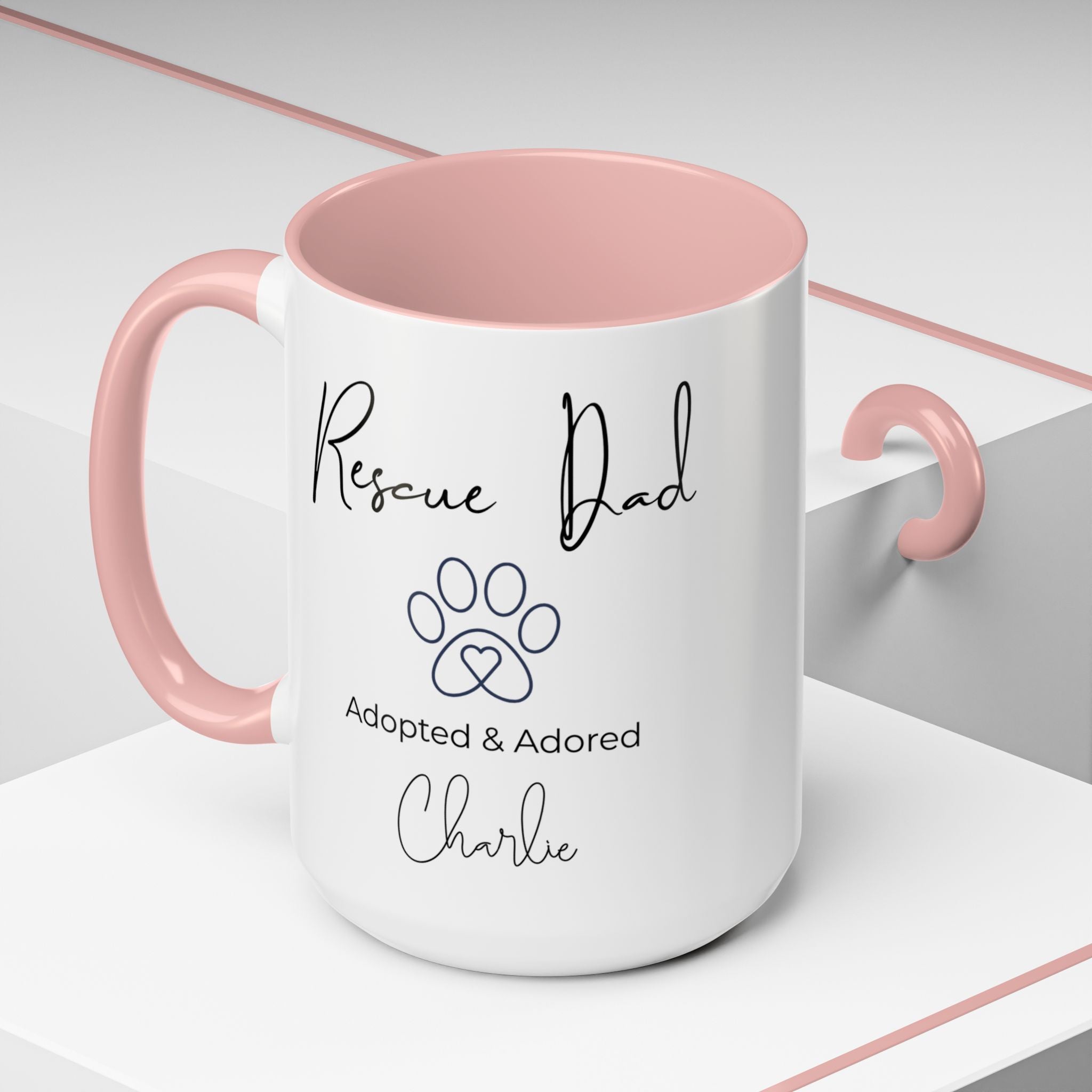 Rescue Dad Mug with Pet Name – Personalized Dog Lover Gift, Adopted & Adored, 15oz Accent Coffee Mug, Dishwasher Safe, USA Made