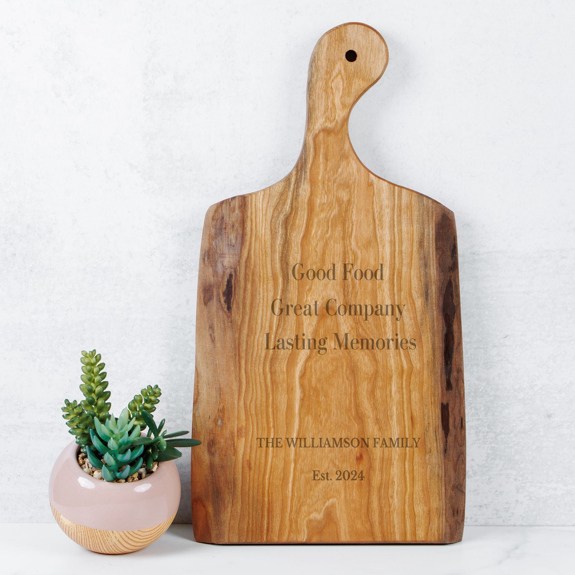Personalized Cherry Wood Serving Board – Good Food, Great Company Quote Live Edge Family Gift