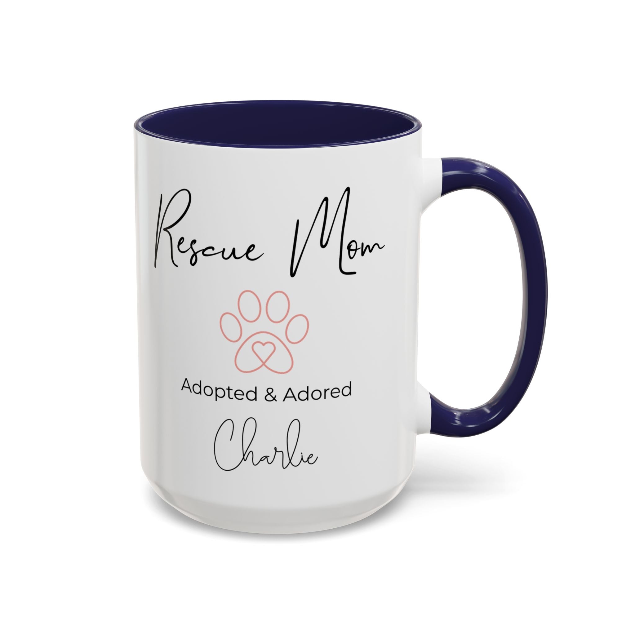 Rescue Mom Mug with Pet Name – Personalized Dog Lover Gift, Adopted & Adored, 15oz Accent Coffee Mug, Dishwasher Safe, USA Made