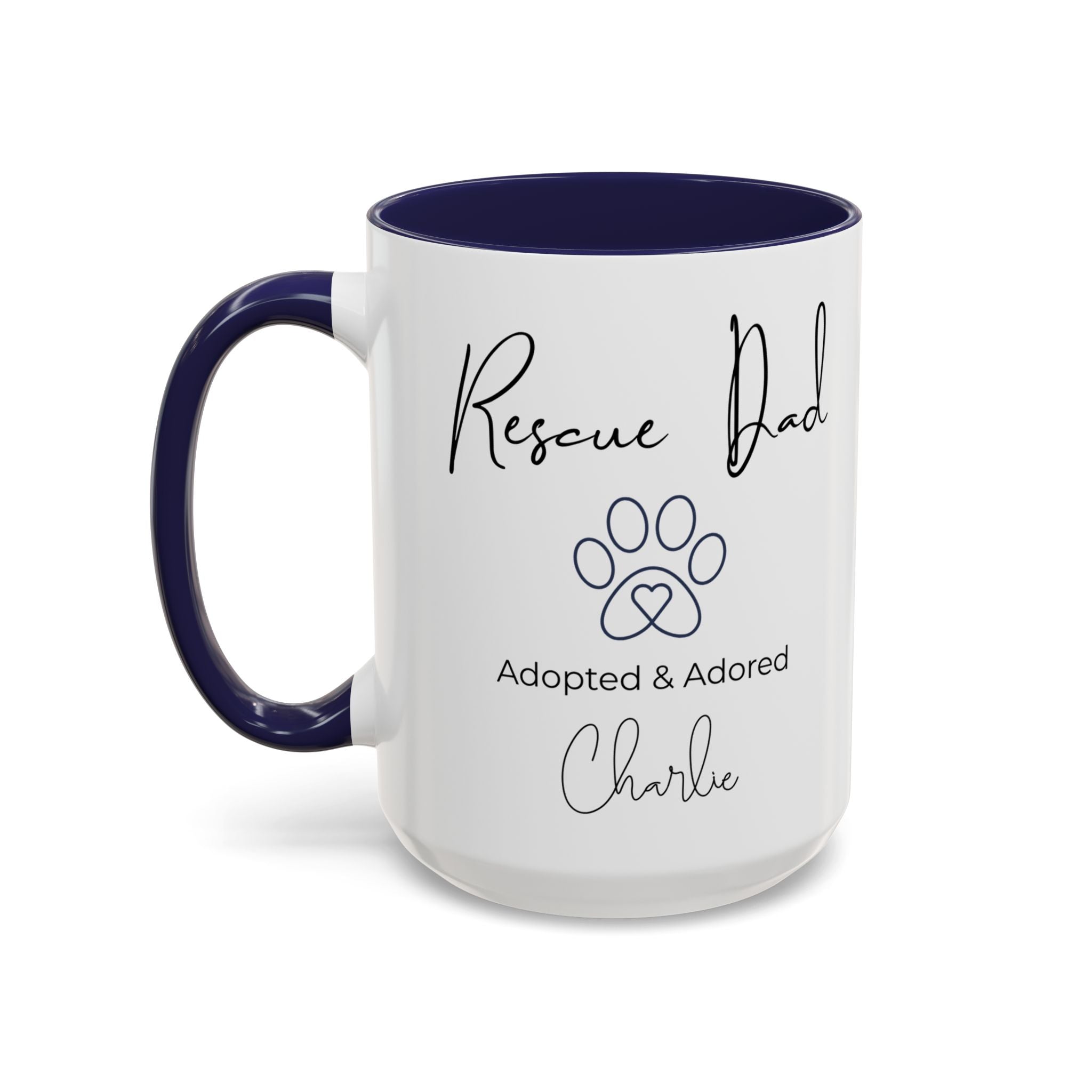 Rescue Dad Mug with Pet Name – Personalized Dog Lover Gift, Adopted & Adored, 15oz Accent Coffee Mug, Dishwasher Safe, USA Made
