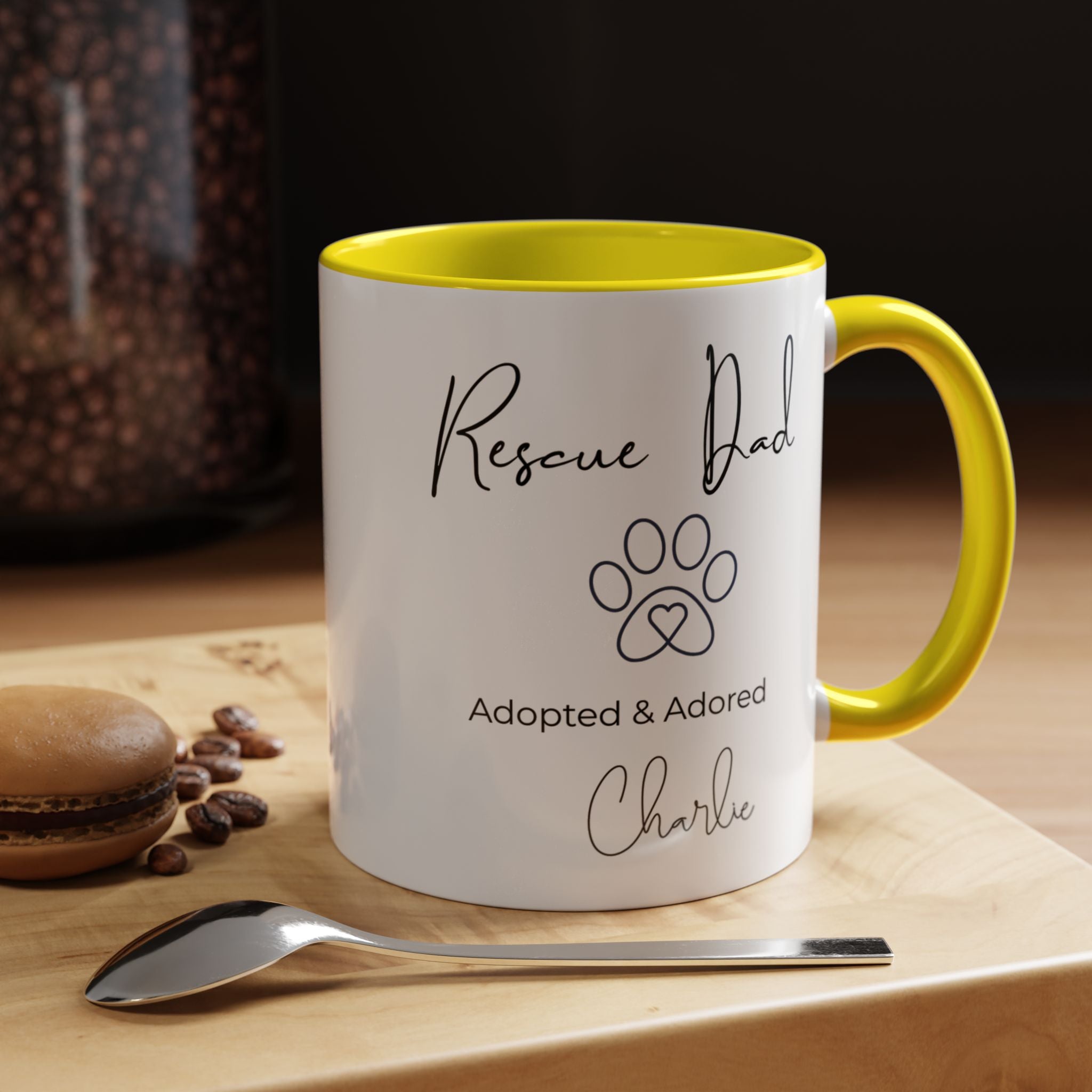 Rescue Dad Mug with Pet Name – Personalized Dog Lover Gift, Adopted & Adored, 15oz Accent Coffee Mug, Dishwasher Safe, USA Made