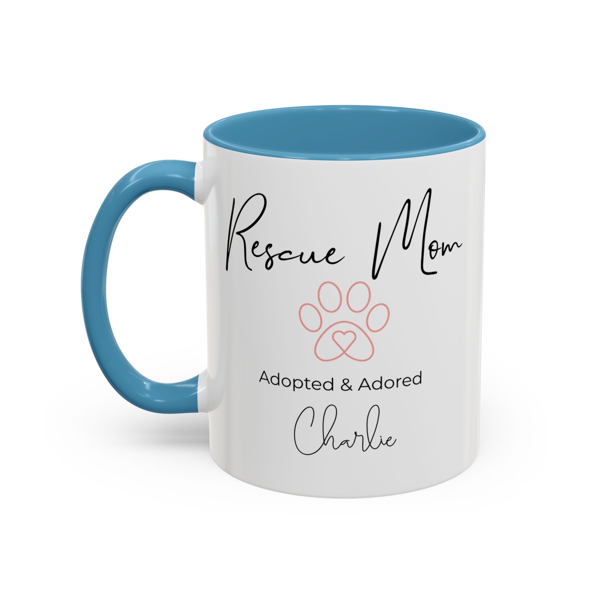 Rescue Mom Mug with Pet Name – Personalized Dog Lover Gift, Adopted & Adored, 15oz Accent Coffee Mug, Dishwasher Safe, USA Made