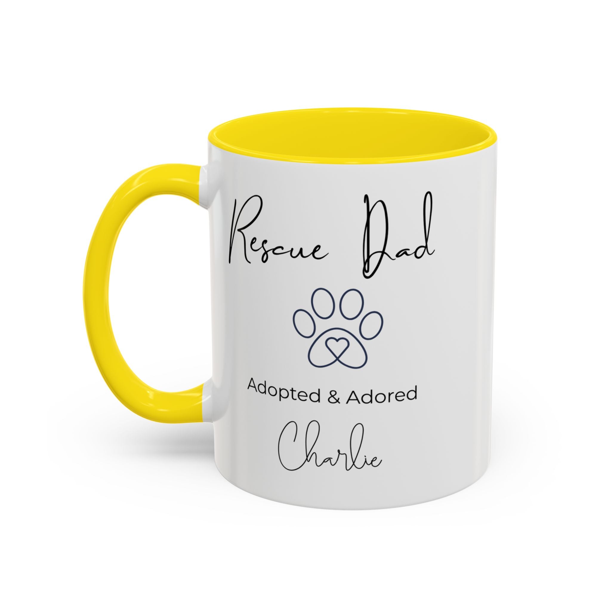 Rescue Dad Mug with Pet Name – Personalized Dog Lover Gift, Adopted & Adored, 15oz Accent Coffee Mug, Dishwasher Safe, USA Made