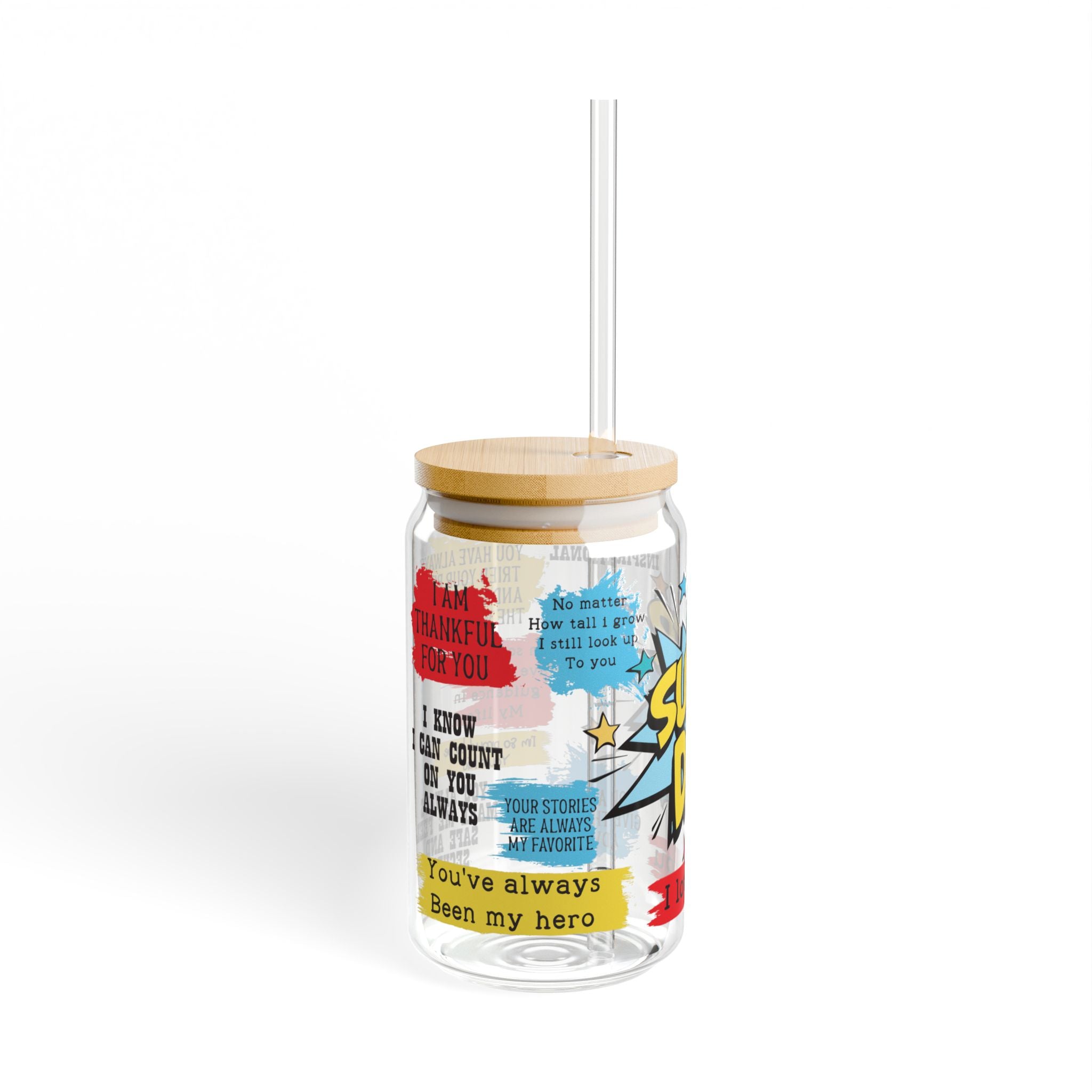 💙 Super Dad Glass Tumbler – 16oz Eco-Friendly Reusable Cup with Bamboo Lid