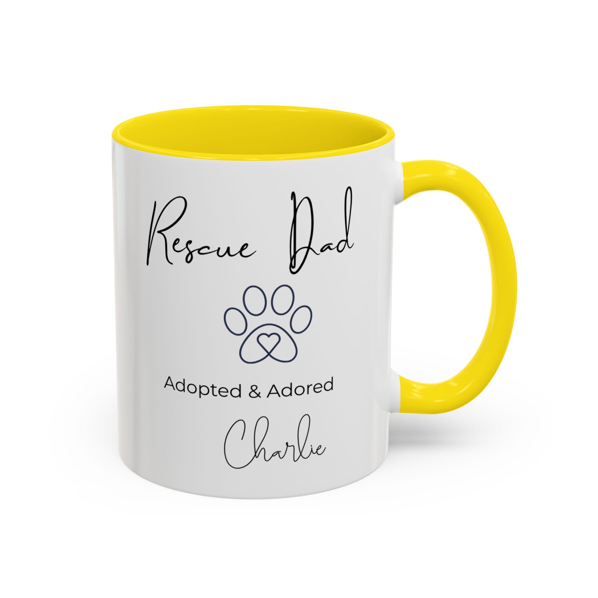 Rescue Dad Mug with Pet Name – Personalized Dog Lover Gift, Adopted & Adored, 15oz Accent Coffee Mug, Dishwasher Safe, USA Made