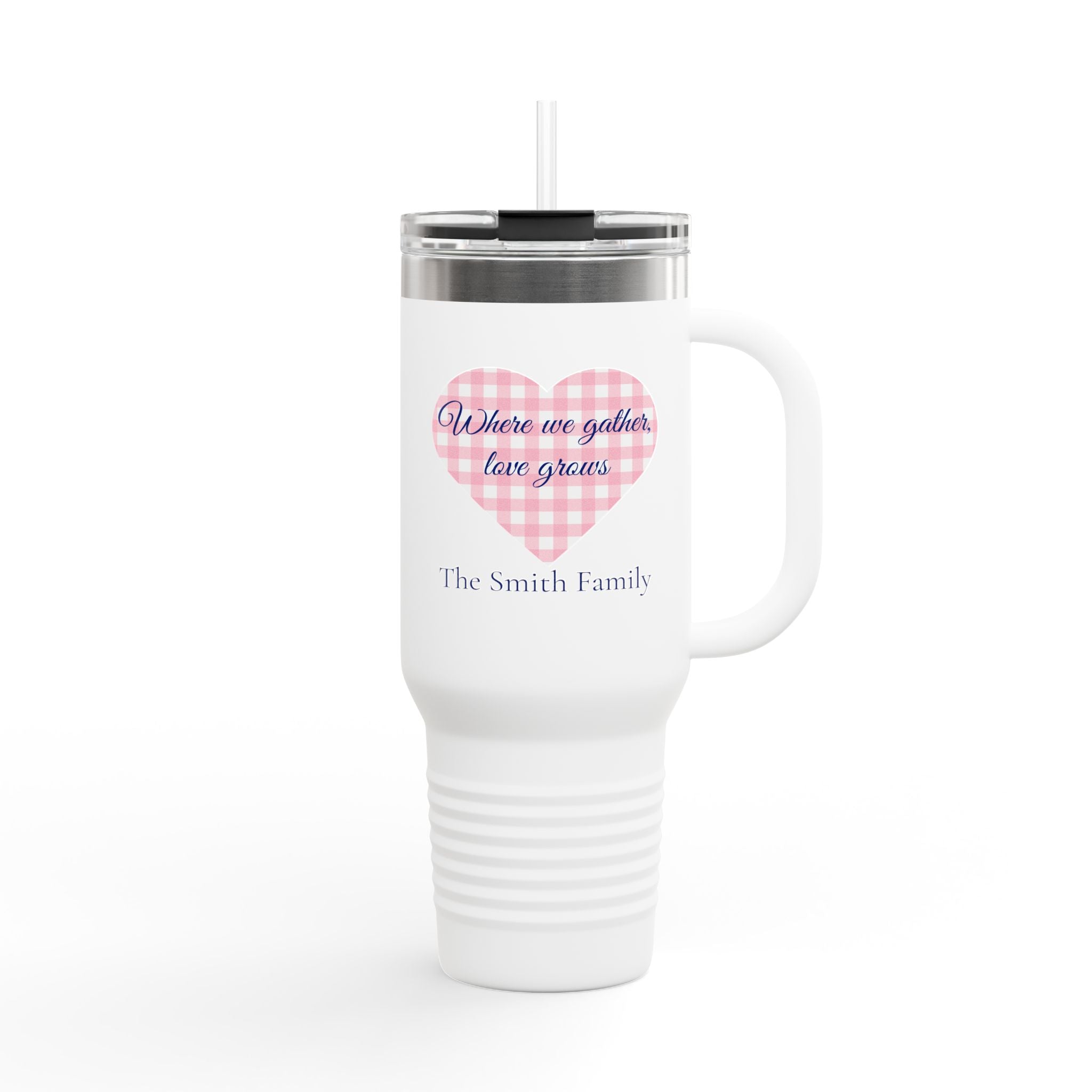 40oz Personalized Travel Mug – Gingham Heart Family Name Tumbler – “Where We Gather, Love Grows” Insulated Cup with Handle & Straw