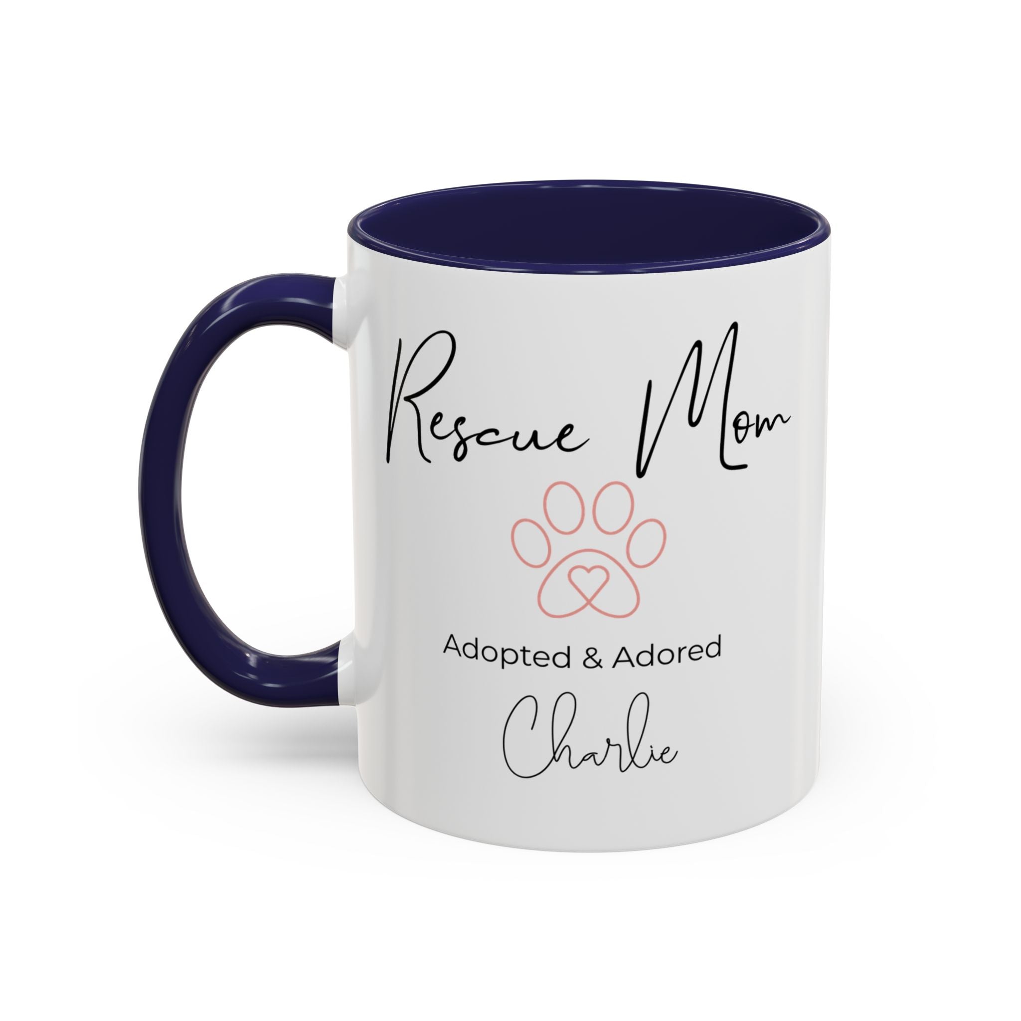 Rescue Mom Mug with Pet Name – Personalized Dog Lover Gift, Adopted & Adored, 15oz Accent Coffee Mug, Dishwasher Safe, USA Made