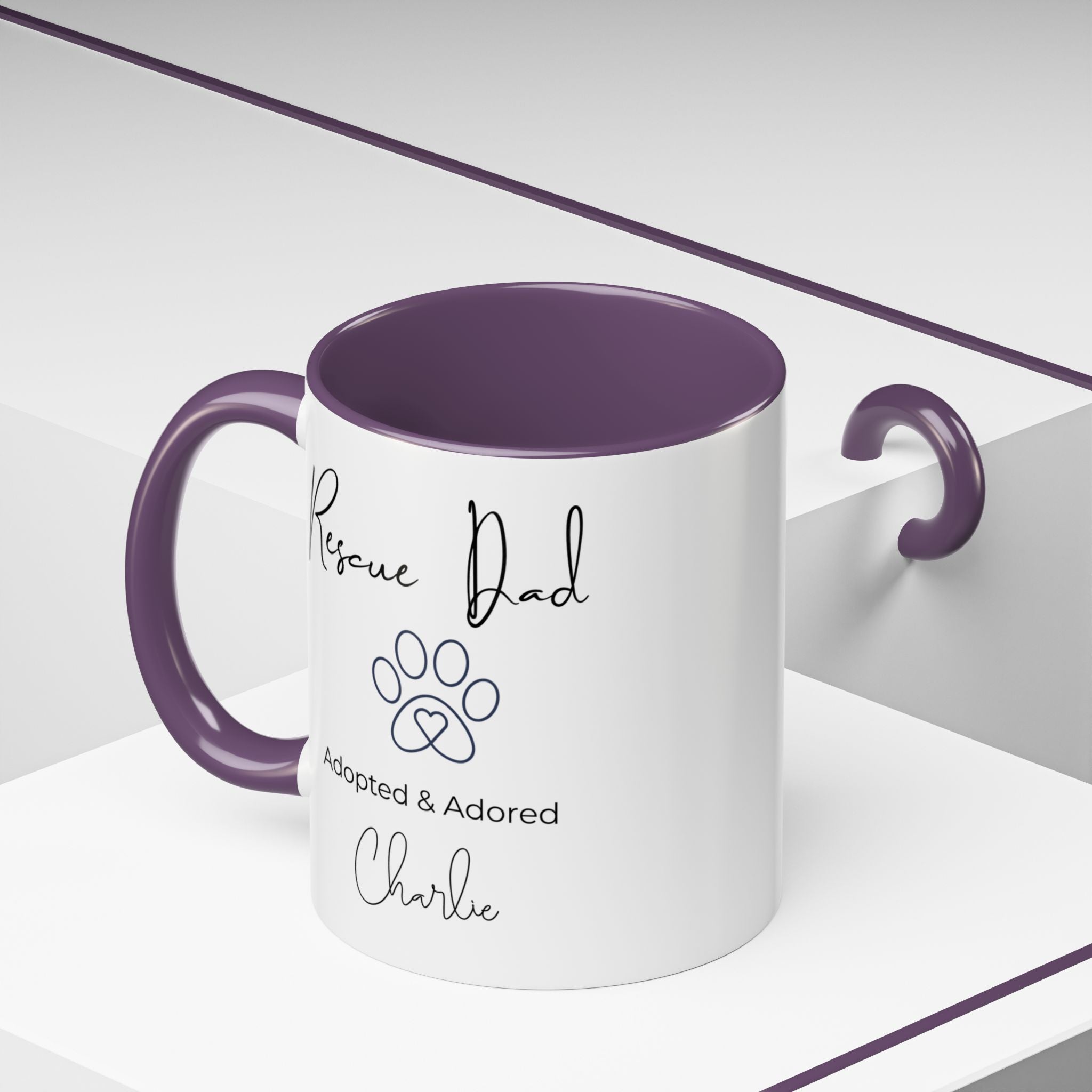 Rescue Dad Mug with Pet Name – Personalized Dog Lover Gift, Adopted & Adored, 15oz Accent Coffee Mug, Dishwasher Safe, USA Made