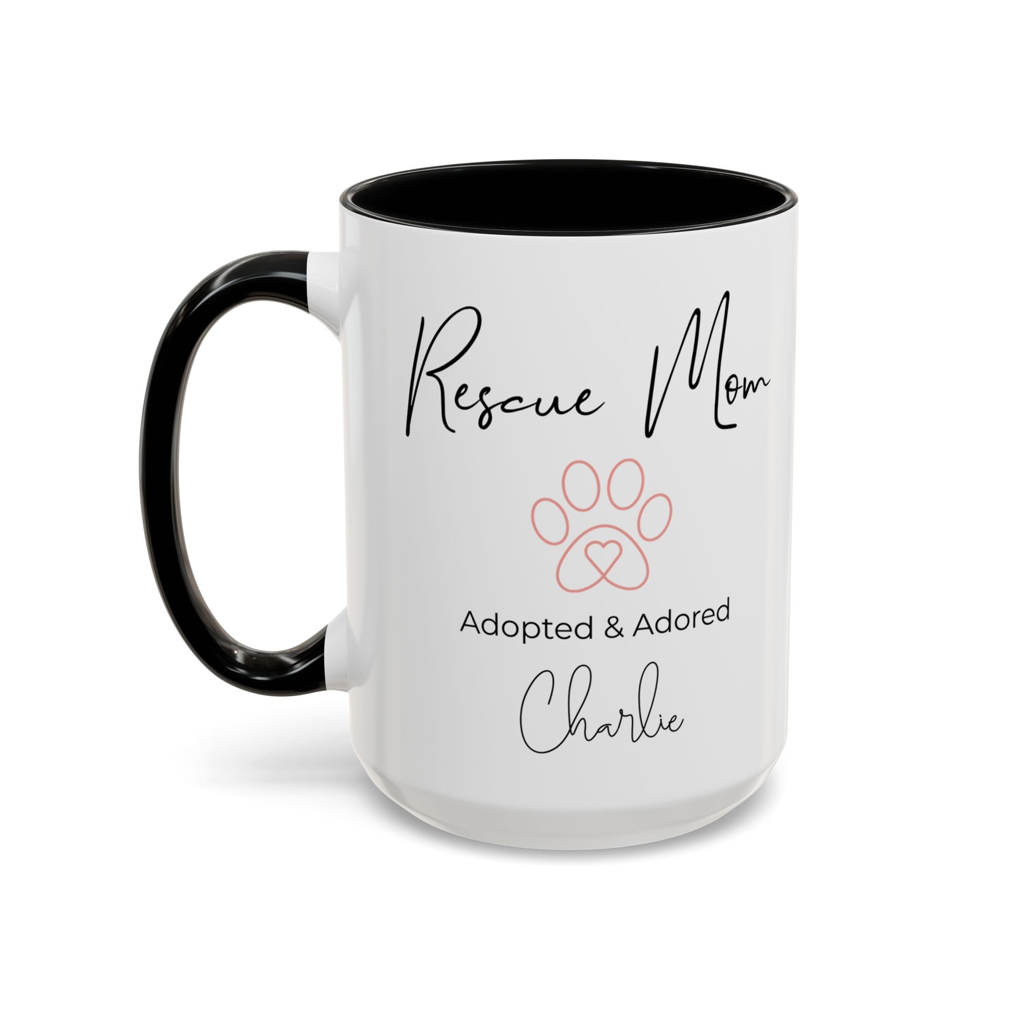 Rescue Mom Mug with Pet Name – Personalized Dog Lover Gift, Adopted & Adored, 15oz Accent Coffee Mug, Dishwasher Safe, USA Made