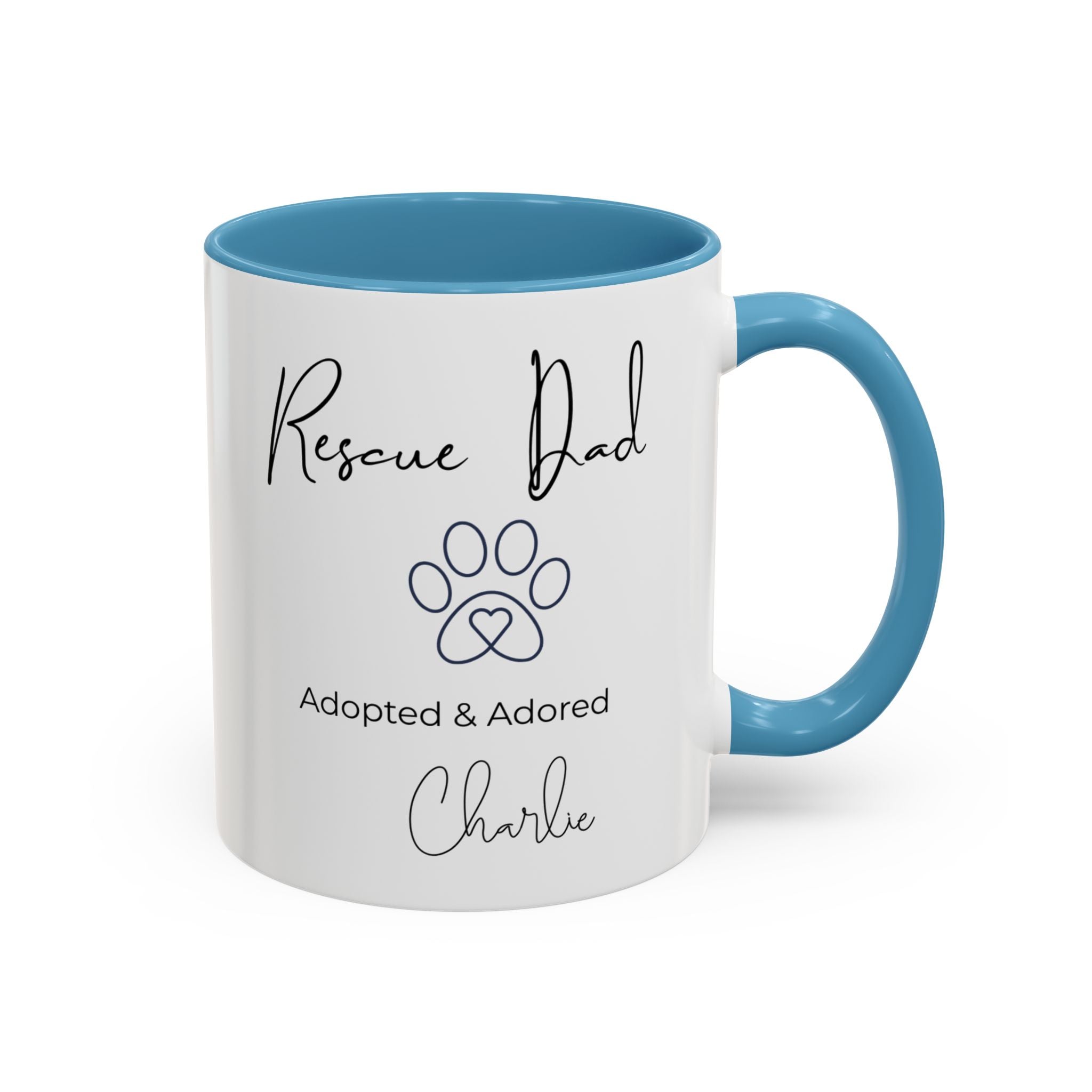 Rescue Dad Mug with Pet Name – Personalized Dog Lover Gift, Adopted & Adored, 15oz Accent Coffee Mug, Dishwasher Safe, USA Made