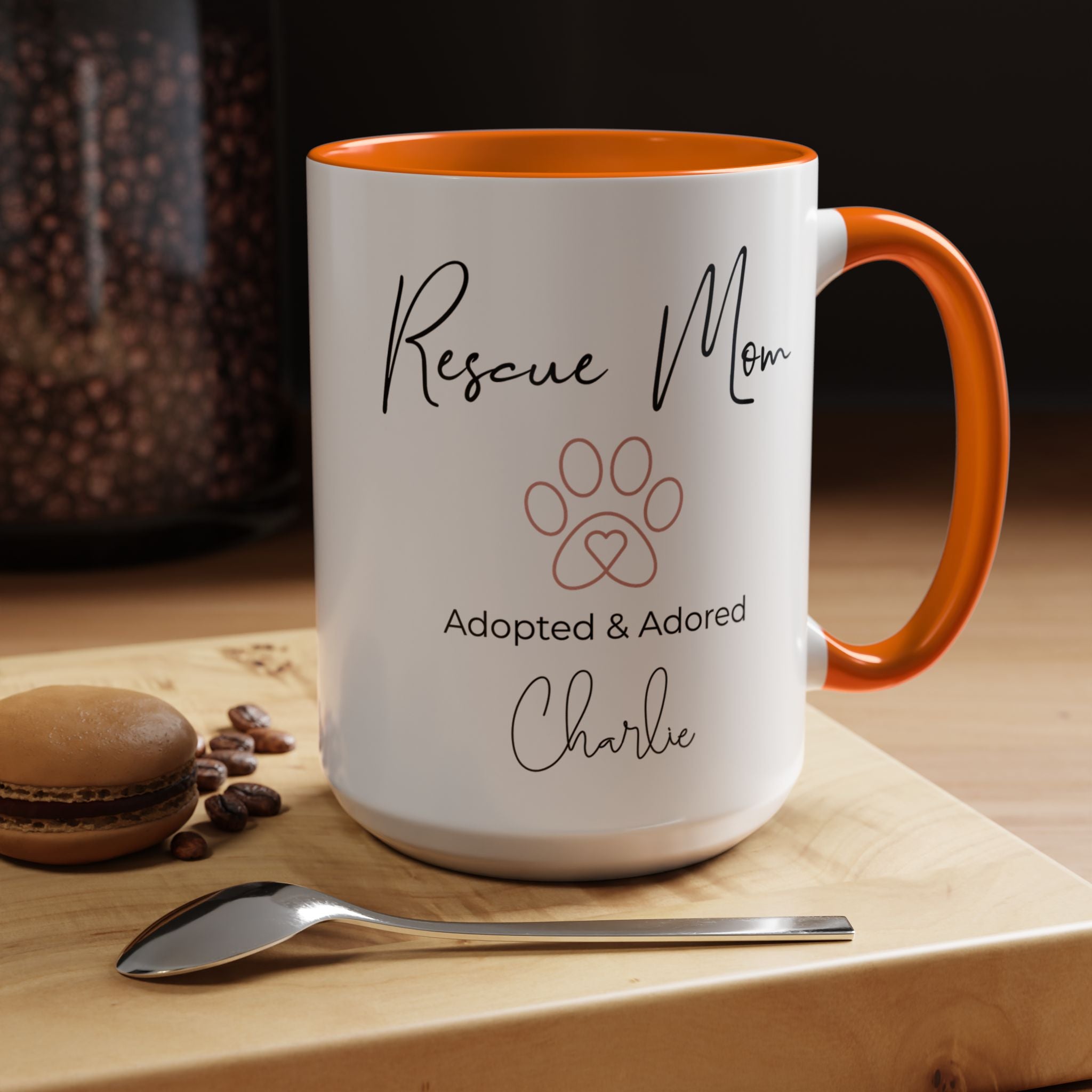 Rescue Mom Mug with Pet Name – Personalized Dog Lover Gift, Adopted & Adored, 15oz Accent Coffee Mug, Dishwasher Safe, USA Made