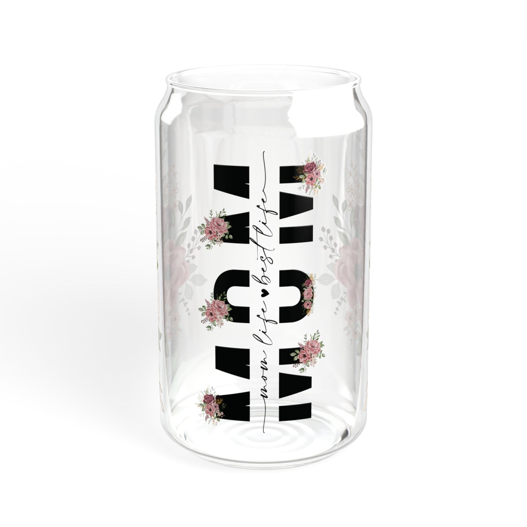 🌸 Floral Mom Life Glass Tumbler – 16oz Reusable Cup with Bamboo Lid & Straw