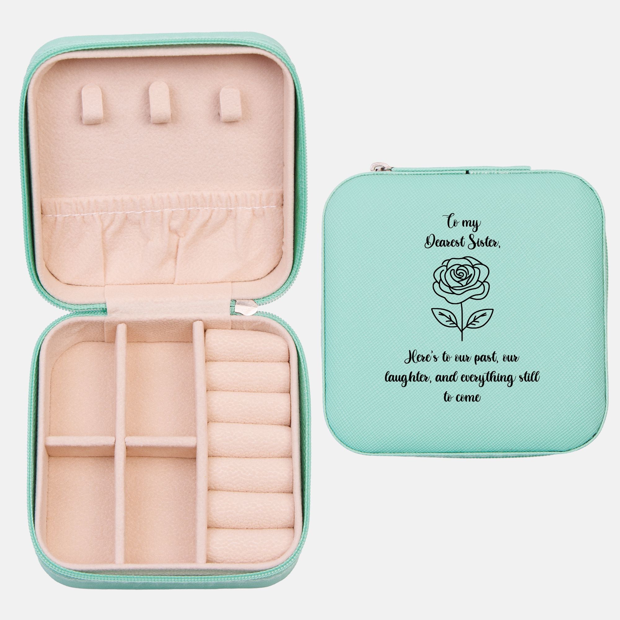 💞 To My Sister – “Here’s to Our Past” Jewelry Travel Case | Compact Faux Leather Organizer