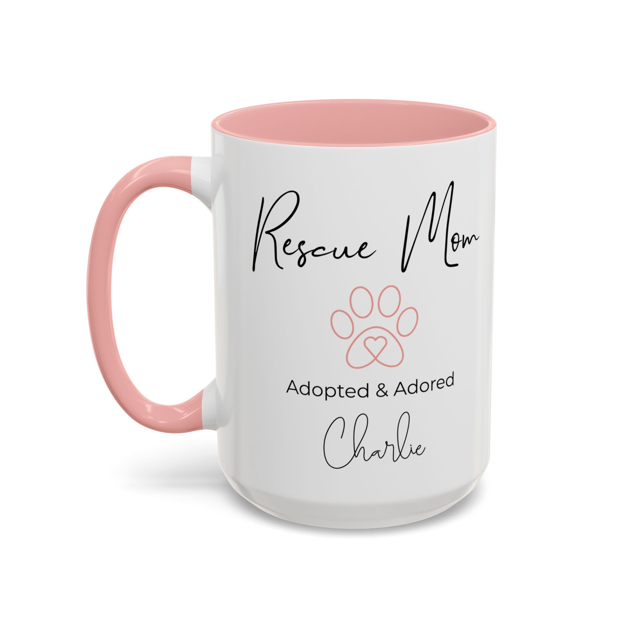 Rescue Mom Mug with Pet Name – Personalized Dog Lover Gift, Adopted & Adored, 15oz Accent Coffee Mug, Dishwasher Safe, USA Made