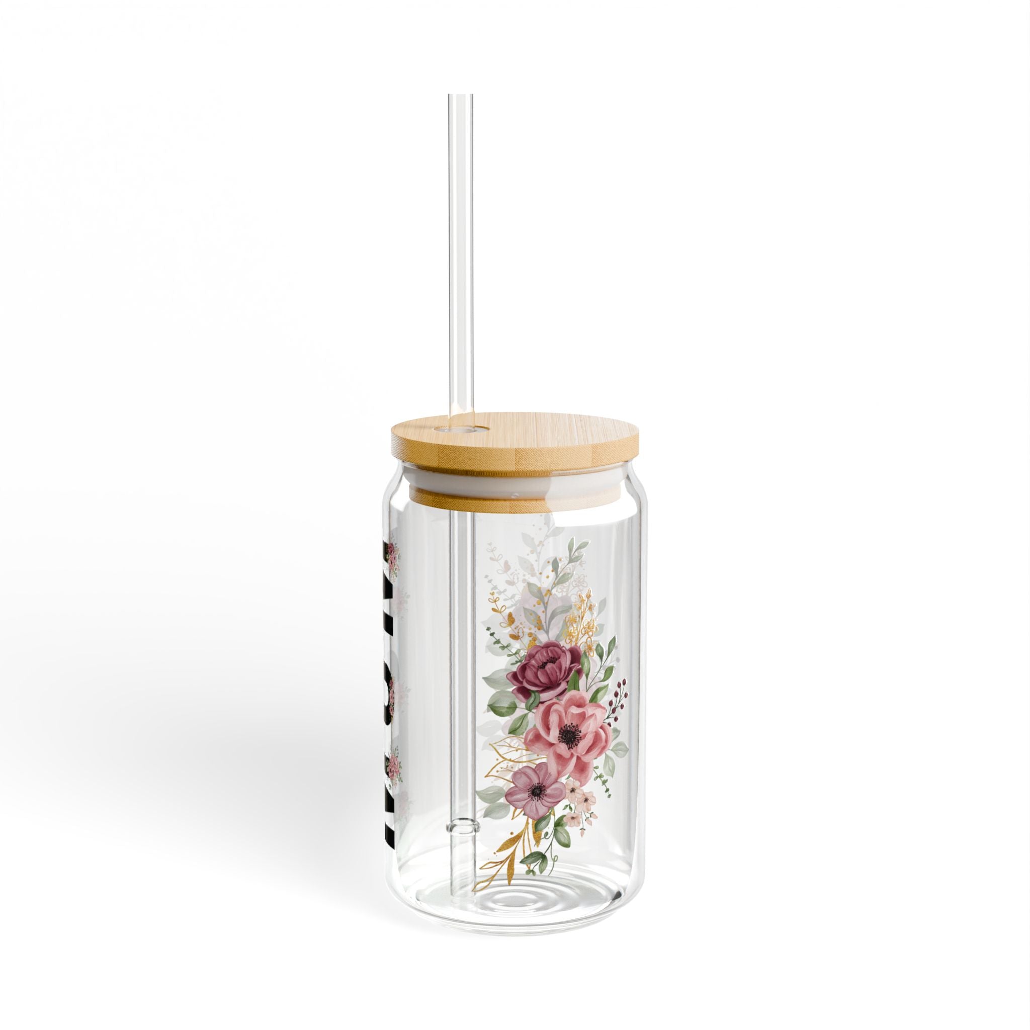 🌸 Floral Mom Life Glass Tumbler – 16oz Reusable Cup with Bamboo Lid & Straw