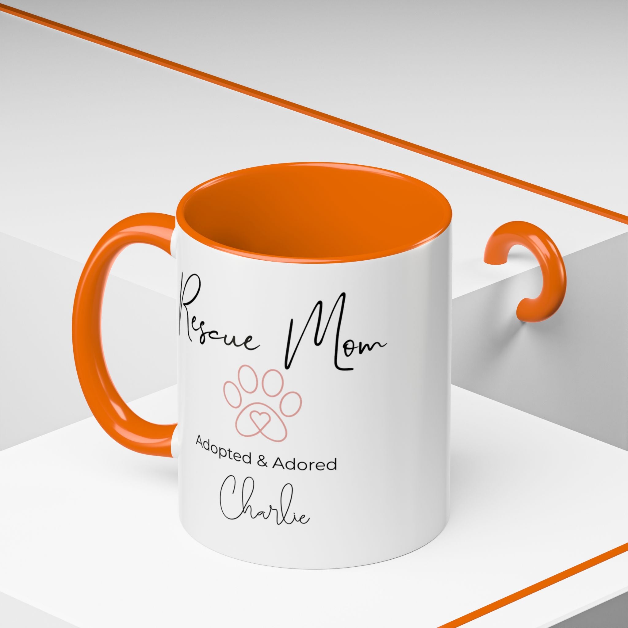 Rescue Mom Mug with Pet Name – Personalized Dog Lover Gift, Adopted & Adored, 15oz Accent Coffee Mug, Dishwasher Safe, USA Made