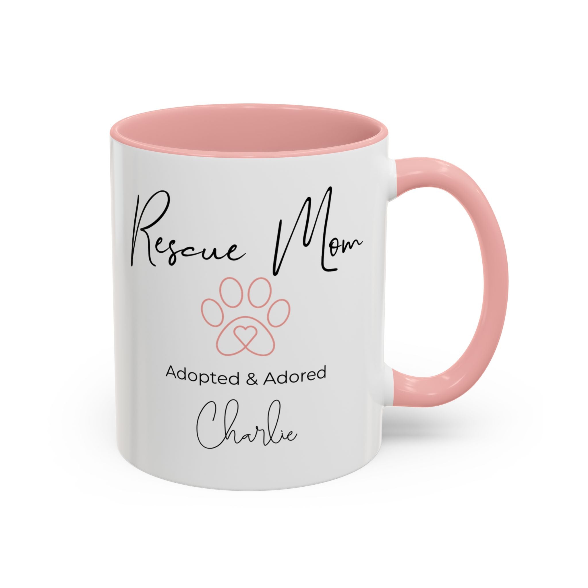 Rescue Mom Mug with Pet Name – Personalized Dog Lover Gift, Adopted & Adored, 15oz Accent Coffee Mug, Dishwasher Safe, USA Made