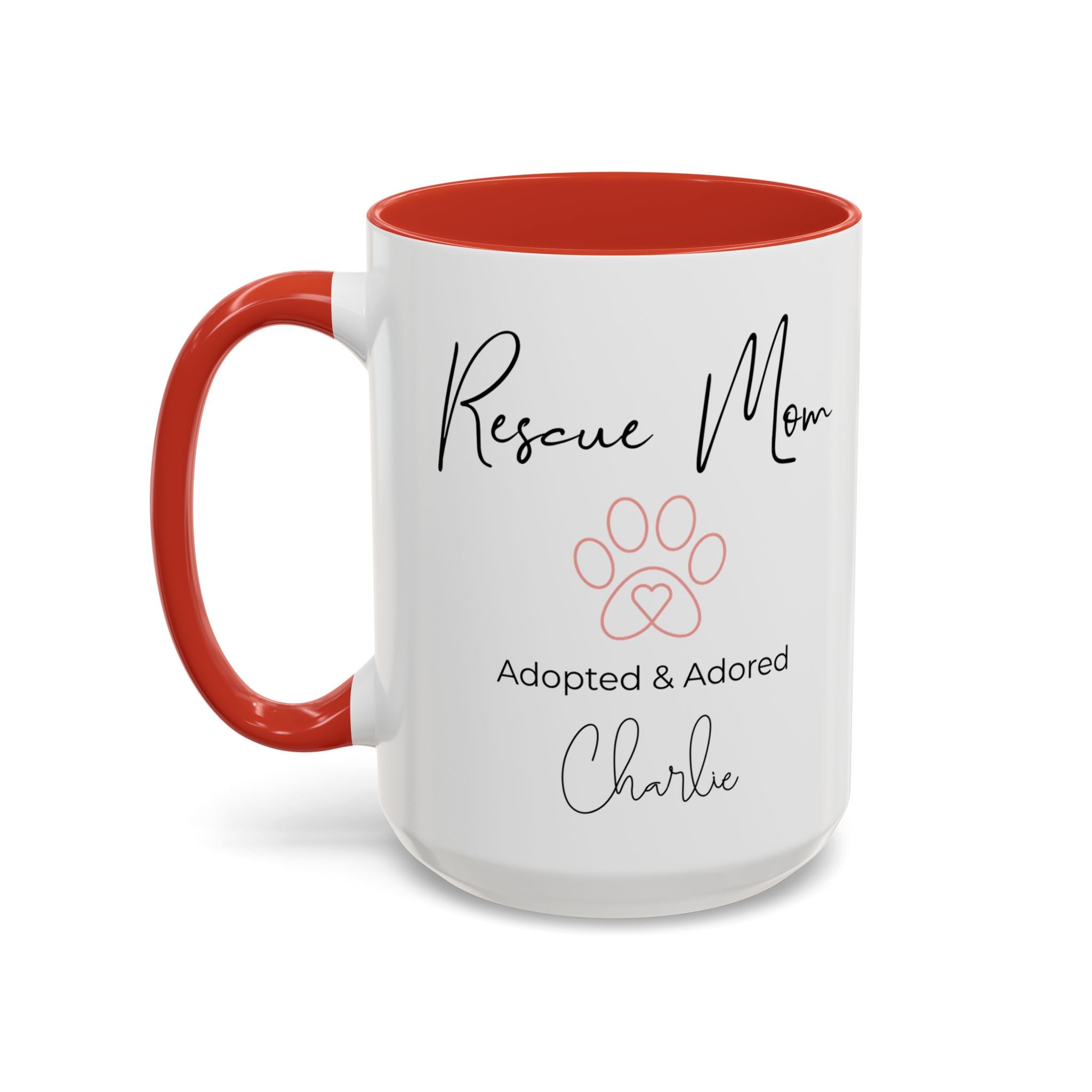 Rescue Mom Mug with Pet Name – Personalized Dog Lover Gift, Adopted & Adored, 15oz Accent Coffee Mug, Dishwasher Safe, USA Made