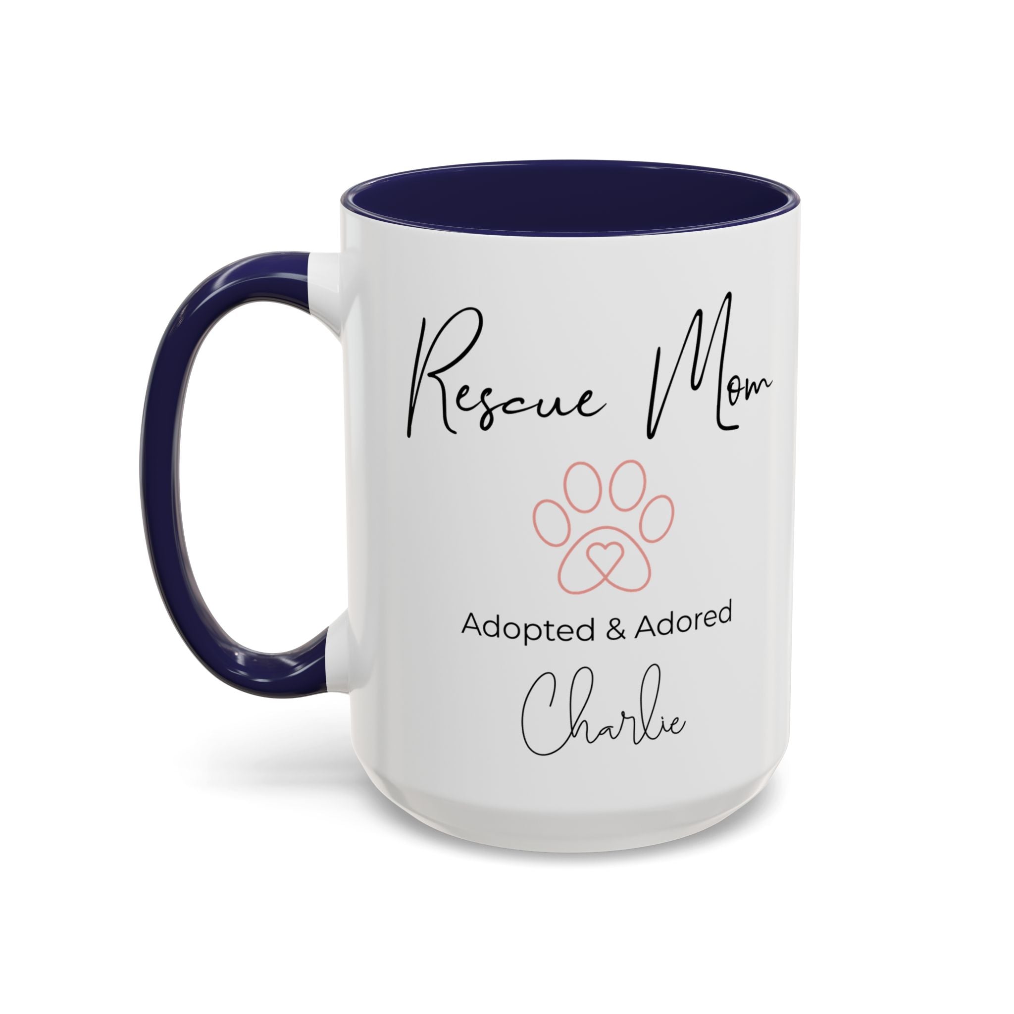 Rescue Mom Mug with Pet Name – Personalized Dog Lover Gift, Adopted & Adored, 15oz Accent Coffee Mug, Dishwasher Safe, USA Made